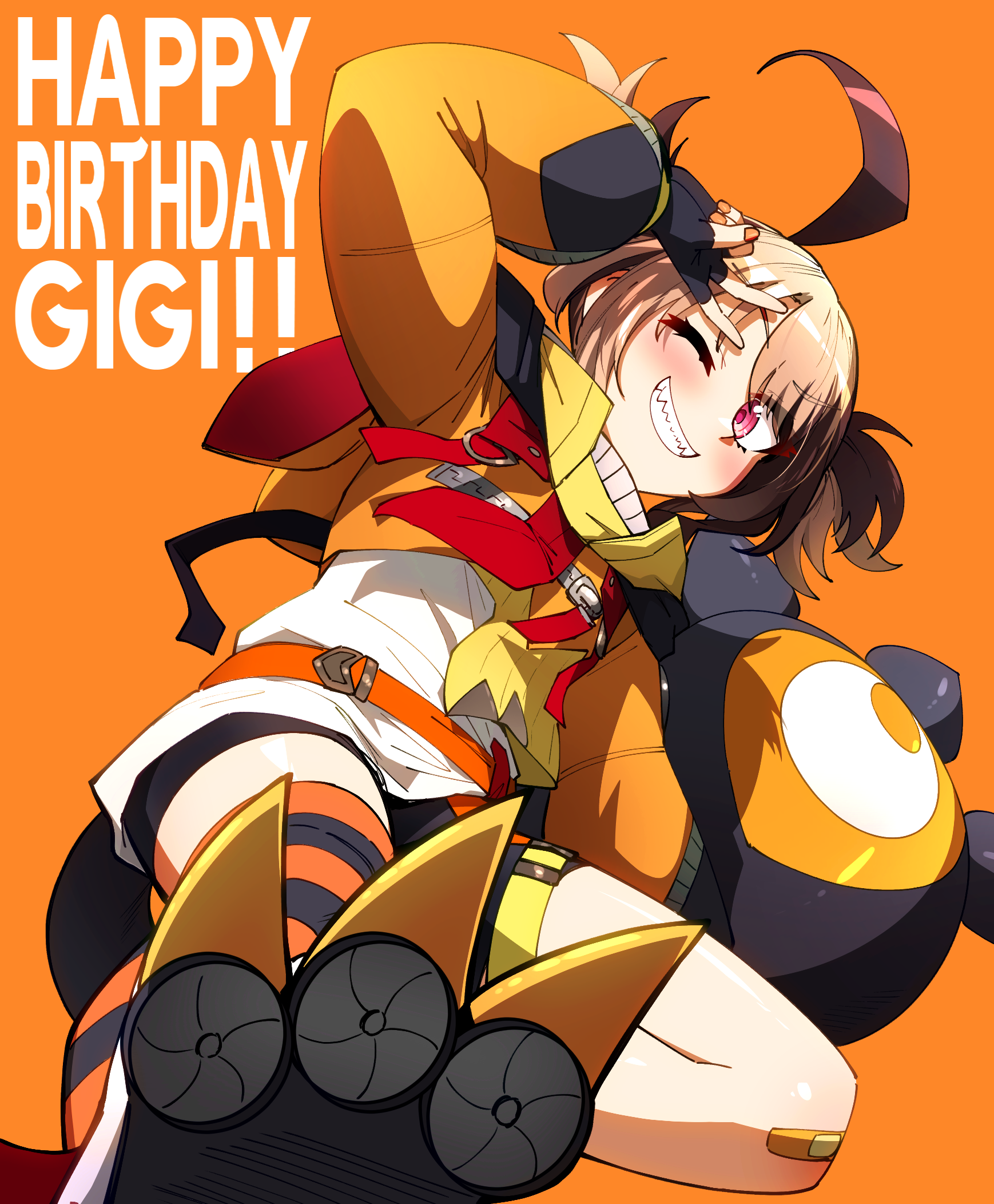 ddolbang, gigi murin, gigi murin (1st costume), hololive, hololive english, highres, 1girl, ahoge, bandaid, bandaid on knee, bandaid on leg, black gloves, black shorts, black thighhighs, blonde hair, blush, brown hair, closed mouth, fingerless gloves, gloves, happy birthday, looking at viewer, medium hair, multicolored hair, one eye closed, orange background, orange shrug, orange thighhighs, pink eyes, shirt, shorts, shrug (clothing), smile, solo, striped clothes, striped thighhighs, tail, thighhighs, two-tone hair, two side up, v, v over eye, virtual youtuber, white shirt
