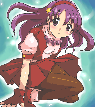 4040 (abonriya), asamiya athena, king of fighters 97, snk, the king of fighters, the king of fighters '97, lowres, non-web source, 1girl, blush, female focus, fingerless gloves, gloves, hair ornament, hairband, long hair, looking at viewer, panties, panties under pantyhose, pantyhose, pantyshot, purple eyes, purple hair, red hairband, smile, solo, star (symbol), star hair ornament, underwear