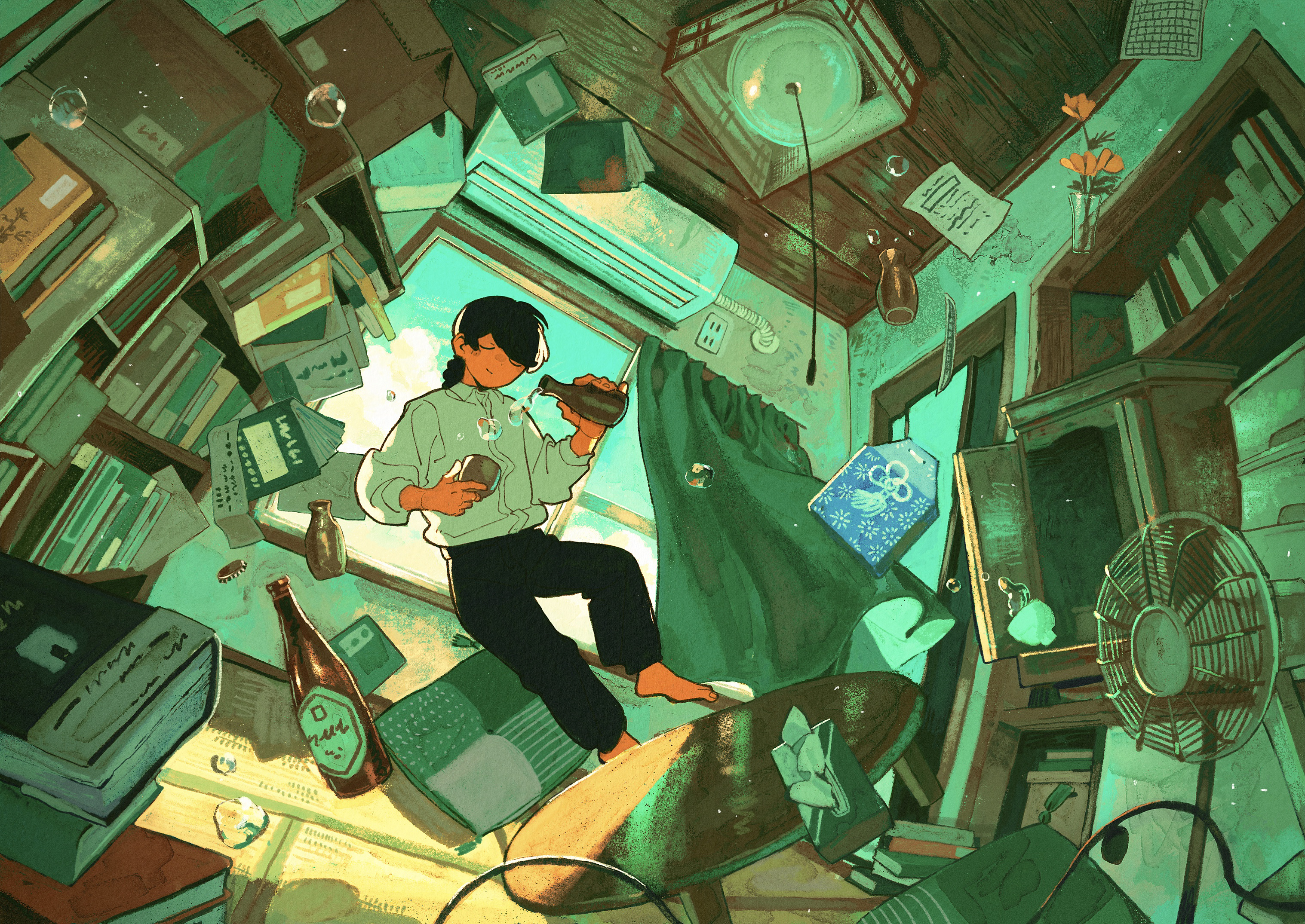 jimini shijimi, original, commentary request, highres, 1boy, barefoot, black hair, black pants, book, bookshelf, bottle, bottle cap, bowl, box, cardboard box, ceiling, ceiling light, closed eyes, closed mouth, cup, curtains, dark-skinned male, dark skin, day, electric fan, floating, floating curtains, floating hair, floating object, flower, full body, glass, green shirt, holding, holding bottle, holding cup, indoors, long hair, long sleeves, male focus, pants, paper, pile of books, pouring, red flower, shirt, shirt tucked in, table, tatami, tissue box, water drop, window, zero gravity
