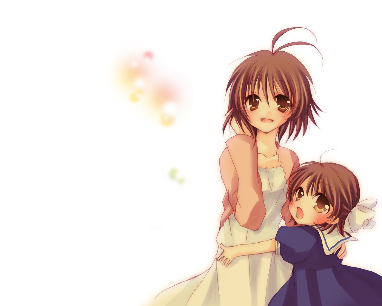 hasumi kouta, furukawa nagisa, okazaki ushio, clannad, bad id, bad pixiv id, 00s, age difference, antenna hair, brown eyes, brown hair, hug, mother and daughter, school uniform, serafuku, short hair