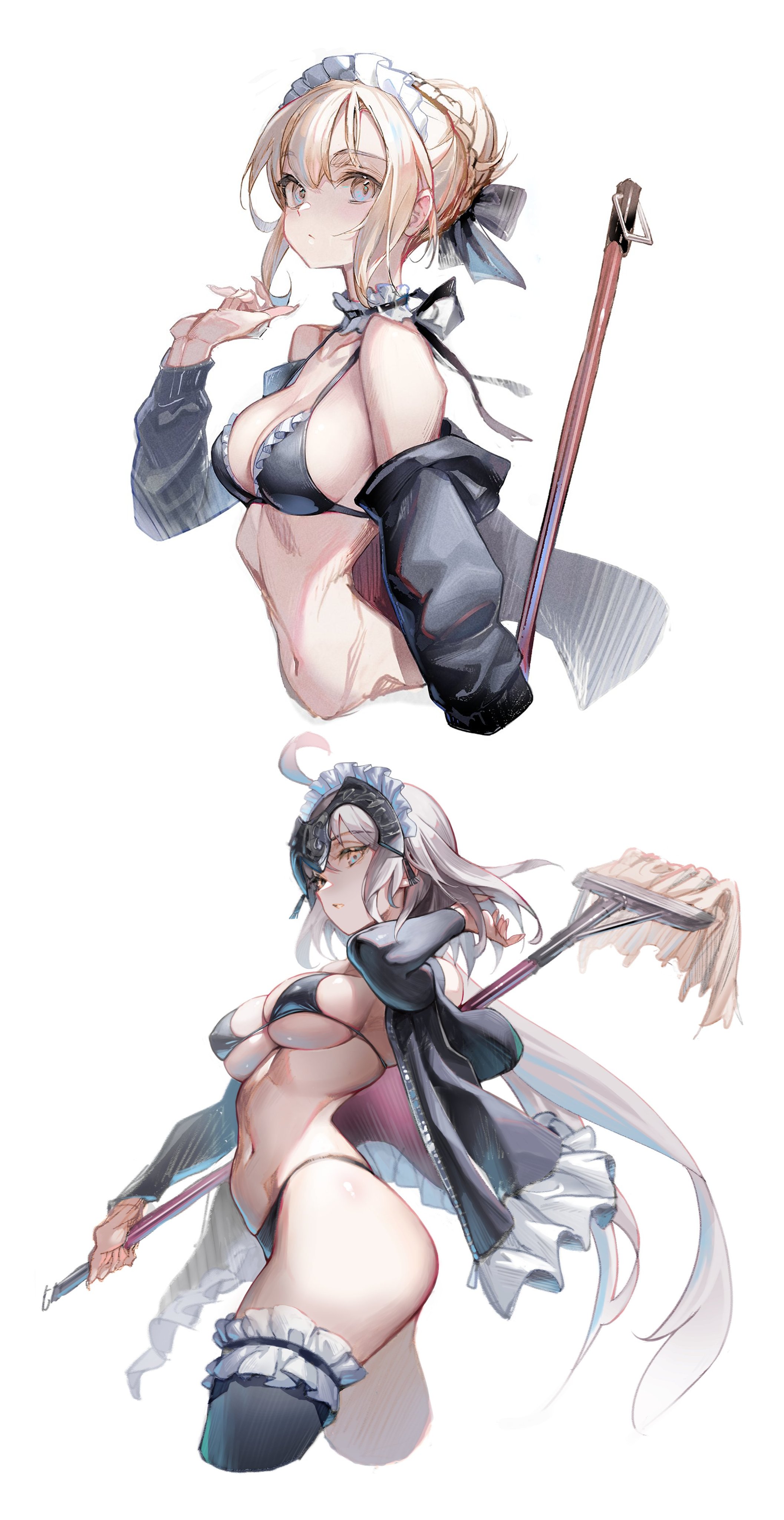 suishougensou, artoria pendragon (fate), jeanne d'arc alter (fate), saber alter, saber alter (swimsuit rider) (second ascension), fate/grand order, fate (series), absurdres, commentary request, highres, 2girls, adapted costume, ahoge, bare shoulders, bikini, black bikini, black jacket, black thighhighs, blonde hair, braid, breasts, choker, cleavage, cosplay, frilled choker, frilled thigh strap, frills, hair bun, headpiece, hood, hooded jacket, jacket, large breasts, long sleeves, looking at viewer, maid, maid bikini, maid headdress, medium breasts, medium hair, mop, multiple girls, navel, off shoulder, open clothes, open jacket, saber alter (swimsuit rider) (second ascension) (cosplay), short hair, sidelocks, swimsuit, thigh strap, thighhighs, thighs, unconventional maid, yellow eyes