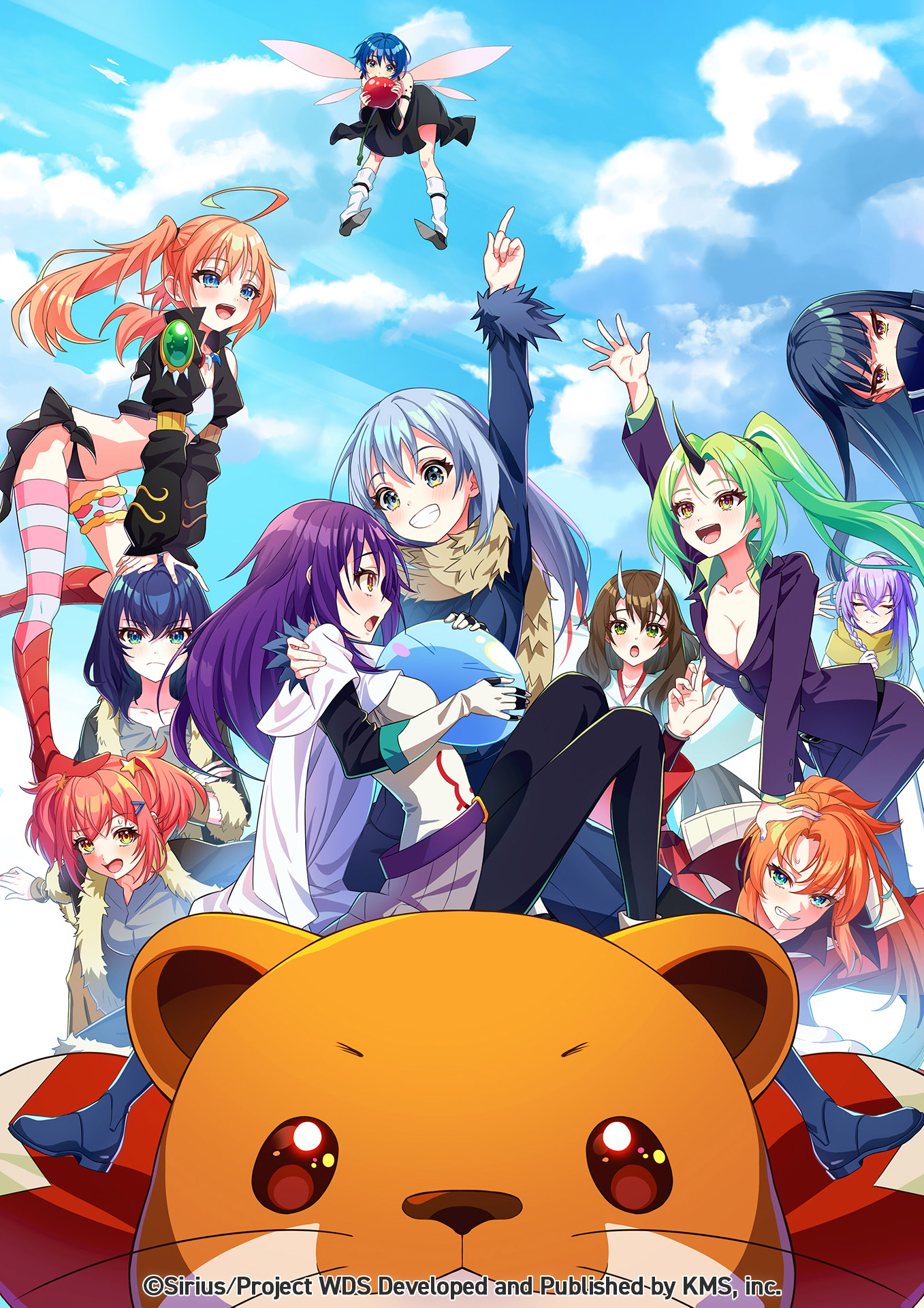 themis (themis adgjm), akiru kamira, benimaru (tensura), hakuro (tensura), izawa shizue, milim nava, motosu towa, nekoashi tsubomi, ootori kokona, ramiris, ramona wolf, renjakuno hatsumi, rigur, rigurd (tensura), rimuru tempest, senju iroha, senju koyomi, shion (tensura), shiromaru mito, shizuka (world dai star), shuna (tensura), soei (tensura), toneri nikako, tensei shitara slime datta ken, world dai star, highres, official art, 6+girls, :d, benimaru (tensura) (cosplay), black hair, blue eyes, blue hair, blush, breasts, cleavage, cosplay, fairy wings, green eyes, grin, hair ornament, hakuro (tensura) (cosplay), izawa shizue (cosplay), long hair, looking at viewer, medium breasts, milim nava (cosplay), multiple girls, open mouth, orange hair, purple hair, ramiris (cosplay), rigur (cosplay), rigurd (tensura) (cosplay), rimuru tempest (cosplay), school uniform, shion (tensura) (cosplay), short hair, shuna (tensura) (cosplay), smile, soei (tensura) (cosplay), teeth, thighhighs, wings, yellow eyes