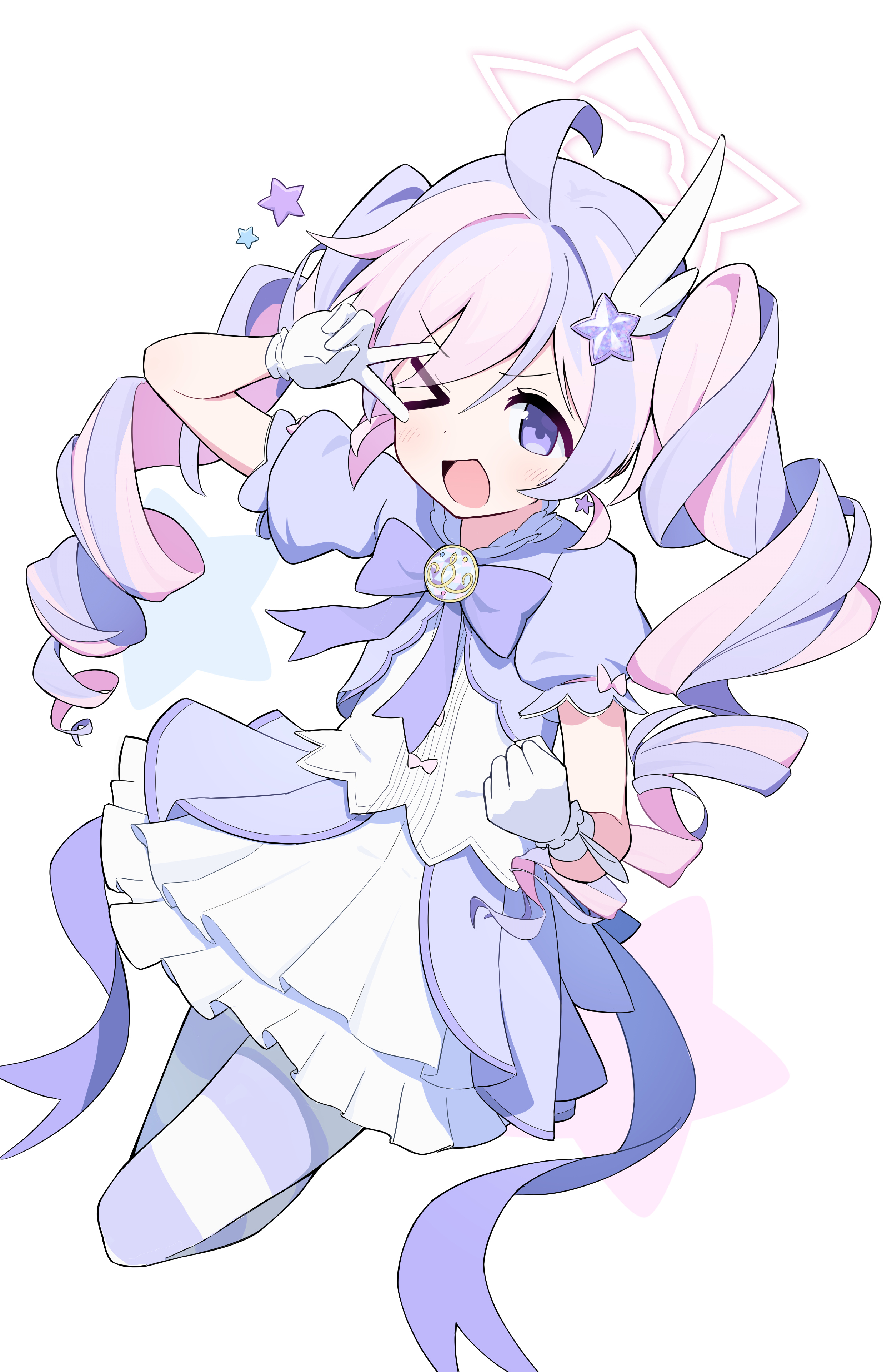 inedibleparts, reisa (blue archive), blue archive, absurdres, commentary request, highres, > o, 1girl, ahoge, bow, bowtie, clenched hand, colored skin, dot nose, drill hair, full body, gloves, hair ornament, halo, hand up, layered skirt, long hair, multicolored hair, multicolored skin, one eye closed, open mouth, pantyhose, purple bow, purple bowtie, purple eyes, purple shrug, reisa (magical) (blue archive), shirt, short sleeves, shrug (clothing), simple background, skirt, sleeve bow, solo, star (symbol), star hair ornament, star halo, striped clothes, striped pantyhose, twin drills, twintails, v, v over eye, very long hair, white background, white gloves, white halo, white shirt