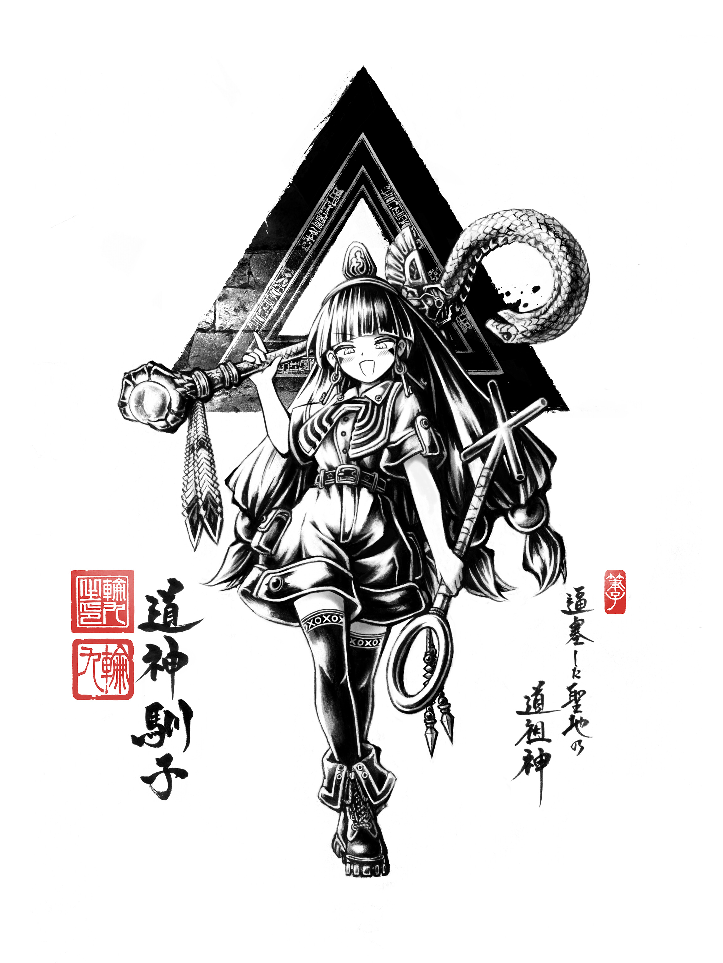 link163353, michigami nareko, touhou, absurdres, calligraphy brush (medium), highres, 1girl, ankh, belt, blunt bangs, boots, character name, collared shirt, earrings, facial mark, greyscale, hair ornament, holding, jewelry, key earrings, long hair, looking down, monochrome, ornate, pocket, shirt, short sleeves, shorts, smile, solo, sphere hair ornament, staff, thighhighs, triangle, triangle background, triangle facial mark
