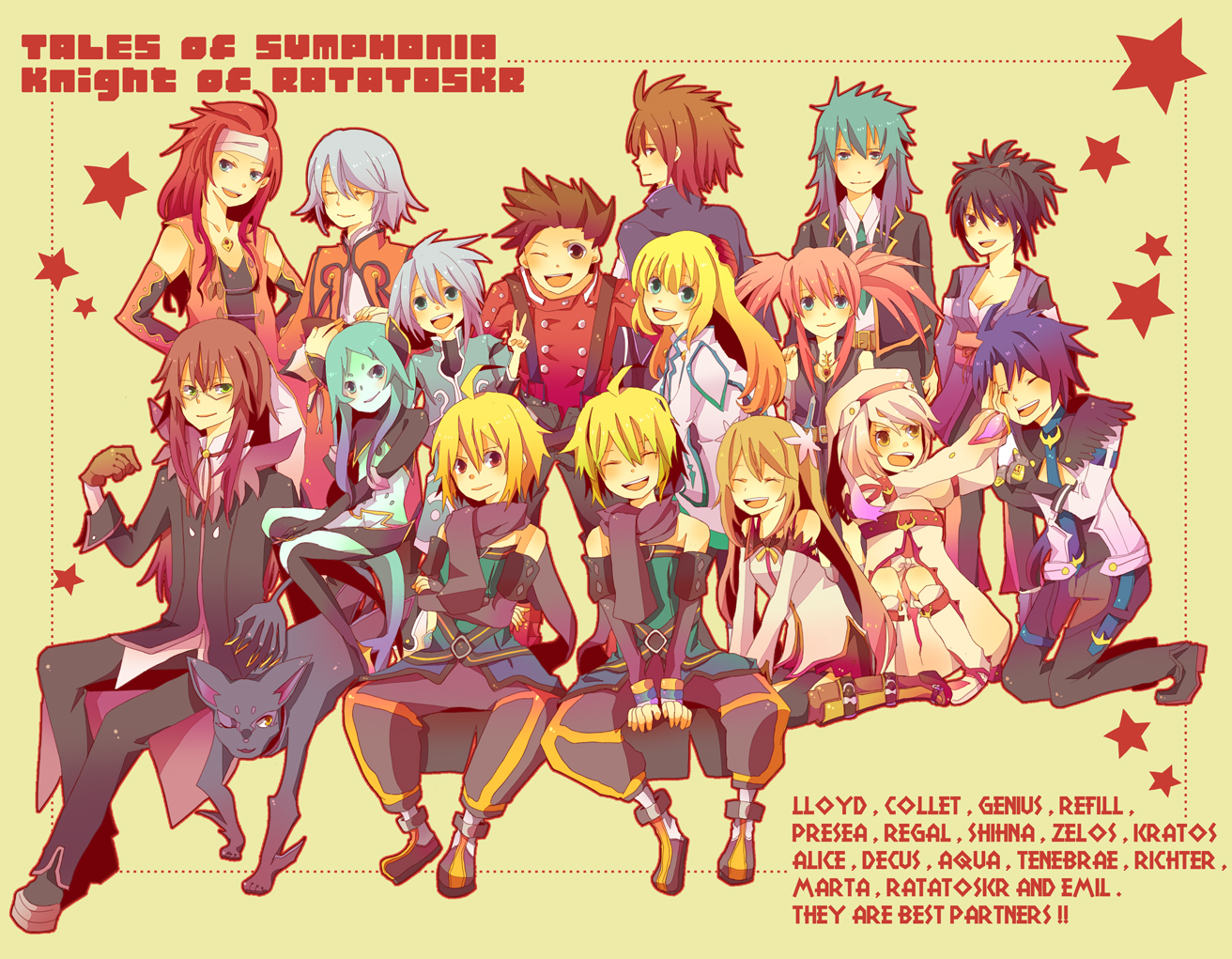 conoha, alice (tales), aqua (tales), aqua (tales of symphonia), colette brunel, decus (tales), emil castagnier, fujibayashi sheena, genius sage, kratos aurion, lloyd irving, marta lualdi, presea combatir, raine sage, regal bryan, richter abend, tenebrae (tales), zelos wilder, tales of (series), tales of symphonia, tales of symphonia: dawn of the new world, bad id, bad pixiv id, 00s, 6+boys, 6+girls, character name, everyone, multiple boys, multiple girls, pantyhose, red shirt, shirt