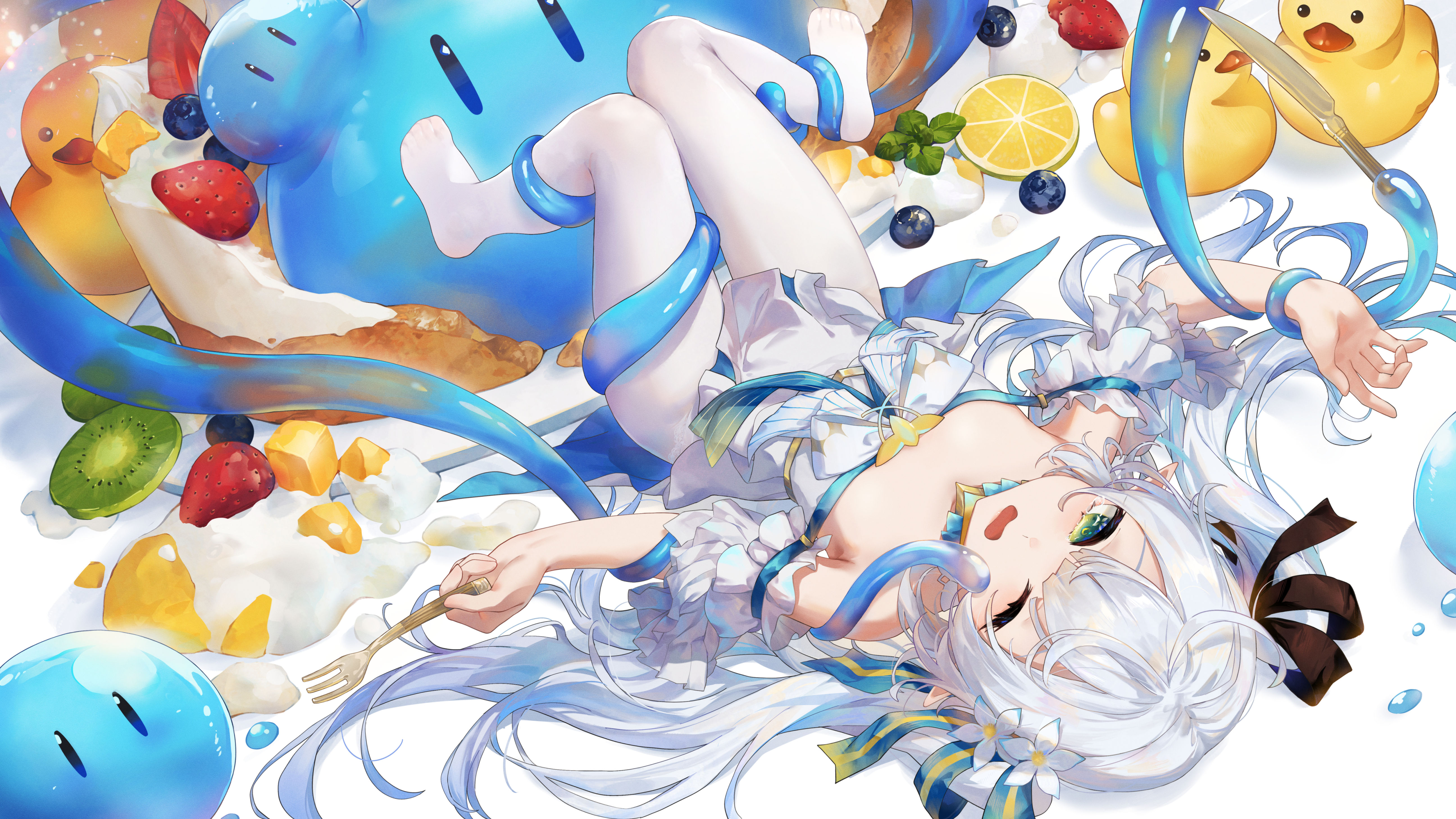 swkl:d, original, absurdres, highres, 1girl, breasts, cake, detached sleeves, dress, flower, food, fork, from above, green eyes, grey hair, hair flower, hair ornament, holding, holding fork, long hair, looking at viewer, lying, no shoes, on back, one eye closed, open mouth, pantyhose, pointy ears, short sleeves, slime (creature), solo, tentacles, upside-down, very long hair, white dress, white pantyhose
