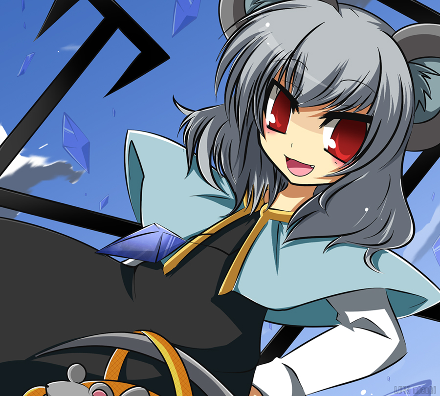 mizuki (lv43), mizuki (sitename), nazrin, touhou, silver hair, bad id, bad pixiv id, 1girl, animal ears, fang, female focus, mouse (animal), mouse ears, red eyes, solo, tail