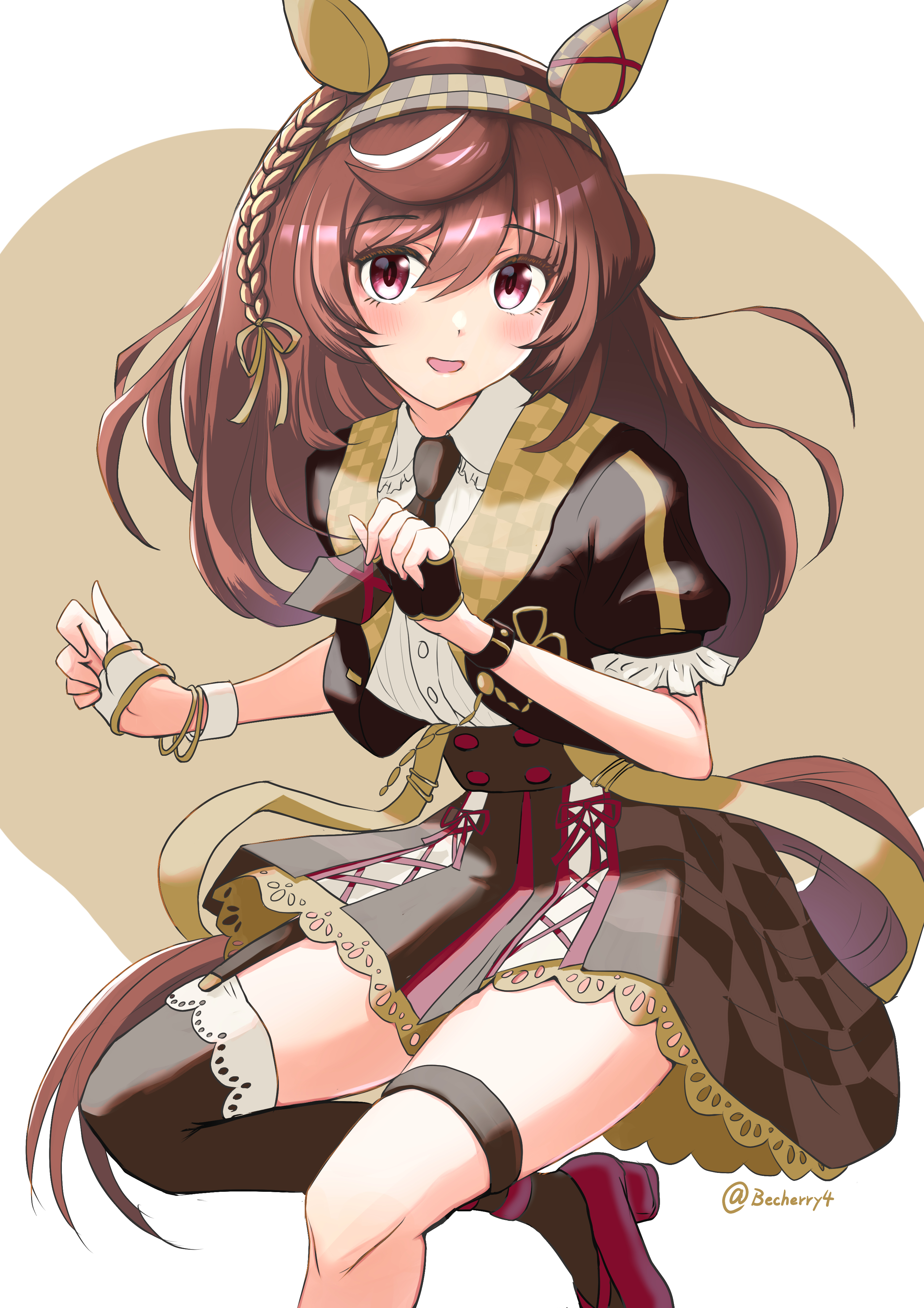 becherry, buena vista (umamusume), umamusume, absurdres, commentary request, highres, animal ears, blush, braid, breasts, brown hair, hair between eyes, hair ornament, hairband, horse ears, horse girl, horse tail, long hair, looking at viewer, medium breasts, necktie, open mouth, purple eyes, simple background, tail, thighhighs, thighs, twitter username