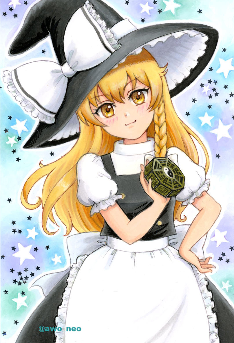 kirisame marisa, touhou, commentary request, traditional media, 1girl, apron, awo neo, back bow, black hat, black skirt, black vest, blonde hair, blush, bow, braid, closed mouth, hair bow, hat, hat bow, long hair, looking at viewer, mini-hakkero, puffy short sleeves, puffy sleeves, short sleeves, side braid, single braid, skirt, smile, solo, star (symbol), twitter username, very long hair, vest, waist apron, white apron, white bow, witch hat, yellow eyes, yin yang
