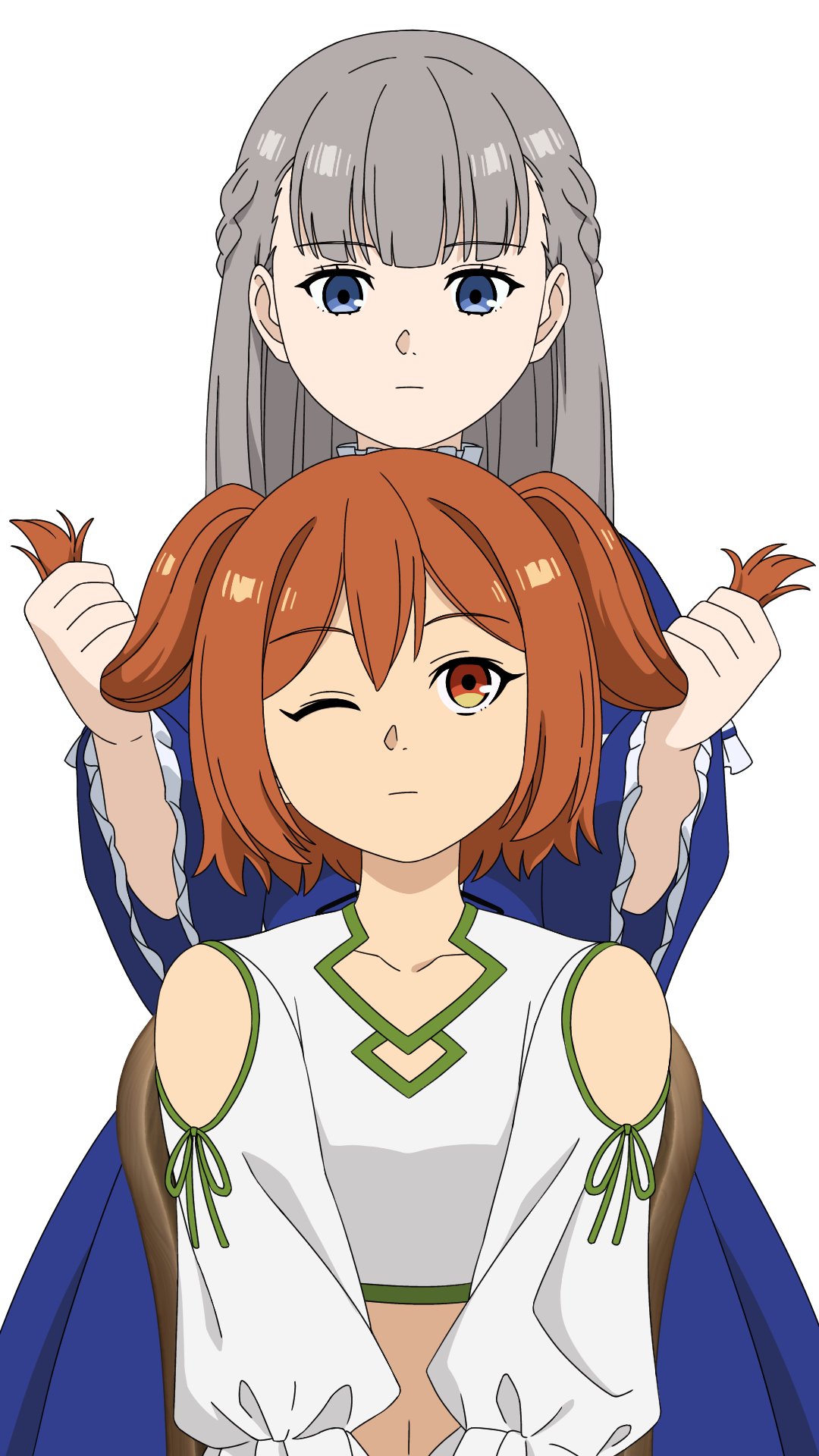 namagaki-san, kanne (sousou no frieren), lawine (sousou no frieren), sousou no frieren, highres, 2girls, anime coloring, blue dress, blue eyes, blunt bangs, braid, dress, grabbing another's hair, grey hair, holding another's hair, long hair, long sleeves, midriff, multiple girls, navel, official style, one eye closed, orange hair, short hair, simple background, twintails, white background