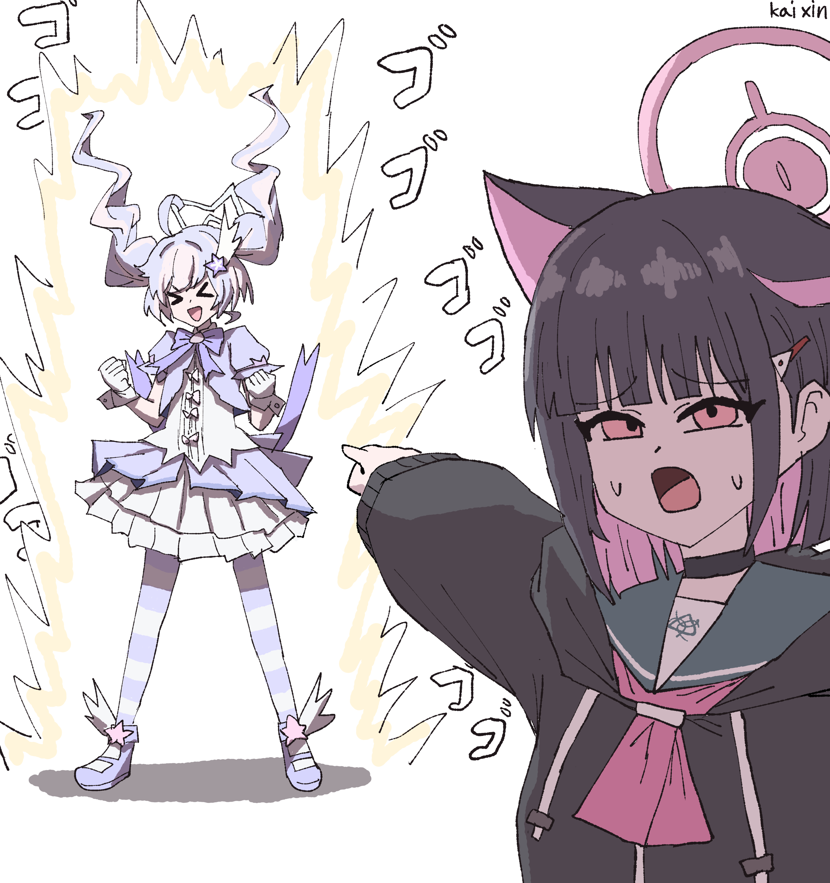 kai xin, kazusa (blue archive), reisa (blue archive), blue archive, absurdres, commentary, highres, symbol-only commentary, > <, 2girls, ahoge, animal ears, artist name, black choker, black hair, black hoodie, cat ears, cat girl, choker, colored inner animal ears, colored inner hair, drill hair, extra ears, gloves, green sailor collar, hair ornament, halo, hood, hoodie, long hair, long sleeves, magical girl, multicolored hair, multiple girls, neckerchief, official alternate costume, open mouth, pantyhose, pink hair, pink halo, pink neckerchief, pointing, puffy sleeves, purple hair, red eyes, reisa (magical) (blue archive), sailor collar, school uniform, serafuku, short hair, short sleeves, simple background, smile, star (symbol), star hair ornament, star halo, striped clothes, striped pantyhose, sweatdrop, twintails, two-tone hair, upper body, white background, white gloves