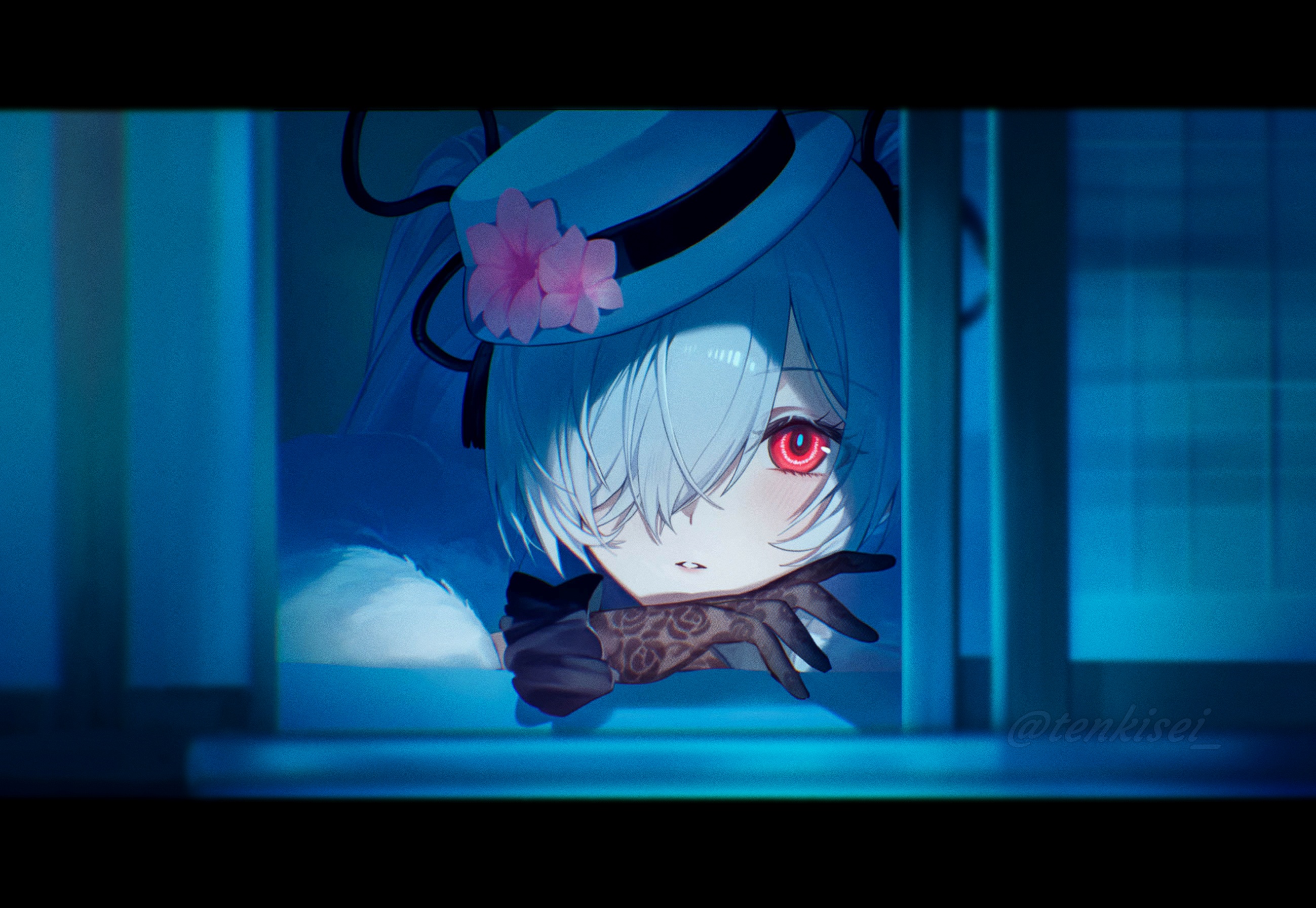 tenkisei, cinderella (nikke), goddess of victory: nikke, highres, flower, fur trim, gloves, hair between eyes, hat, hat flower, hat ribbon, head on hand, head tilt, lace, lace gloves, light blush, looking through window, one eye covered, open mouth, open window, red eyes, ribbon, twintails, white fur, white hair, white hat, window
