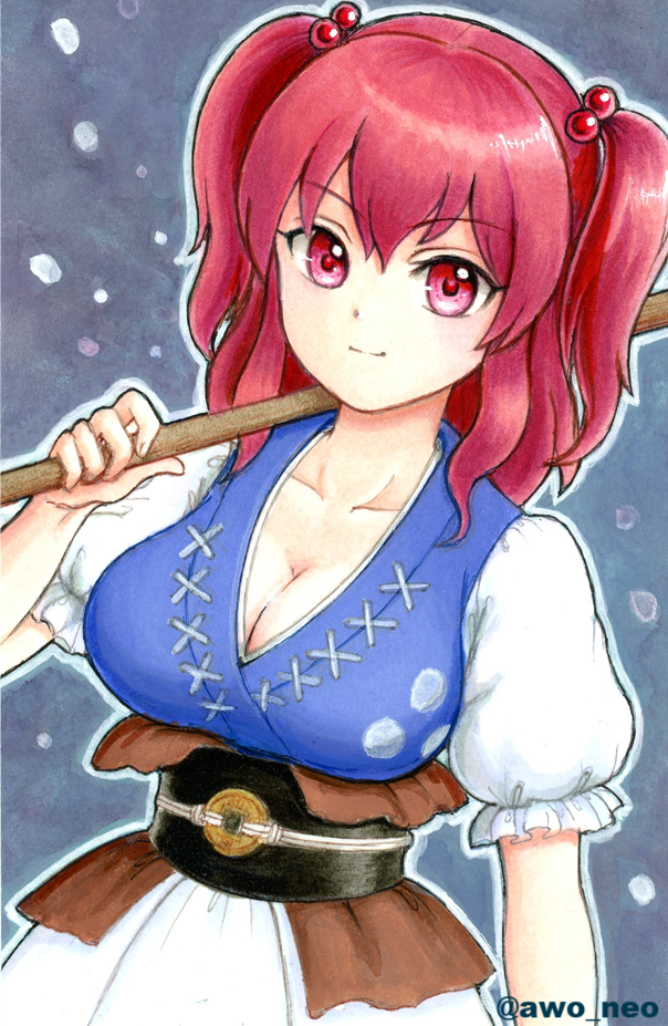 onozuka komachi, touhou, commentary request, traditional media, 1girl, awo neo, breasts, cleavage, closed mouth, coin, coin on string, collarbone, hair bobbles, hair ornament, large breasts, looking at viewer, obi, obidome, over shoulder, puffy short sleeves, puffy sleeves, red eyes, red hair, sash, short sleeves, smile, solo, twitter username, two side up, weapon, weapon over shoulder