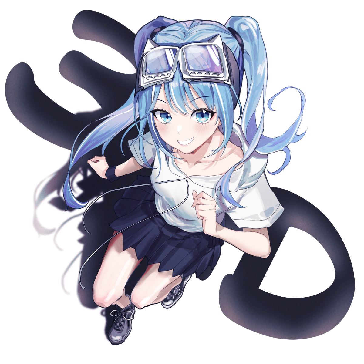 ahneato, arahashi tabi, stellive, commentary, highres, 1girl, blue eyes, blue hair, blue skirt, blush, collarbone, foreshortening, from above, full body, goggles, goggles on head, grey shoes, grin, long hair, looking at viewer, looking up, multicolored hair, parted bangs, pleated skirt, shadow, shirt, shoes, short sleeves, simple background, skirt, smile, sneakers, solo, standing, streaked hair, twintails, virtual youtuber, white background, white shirt