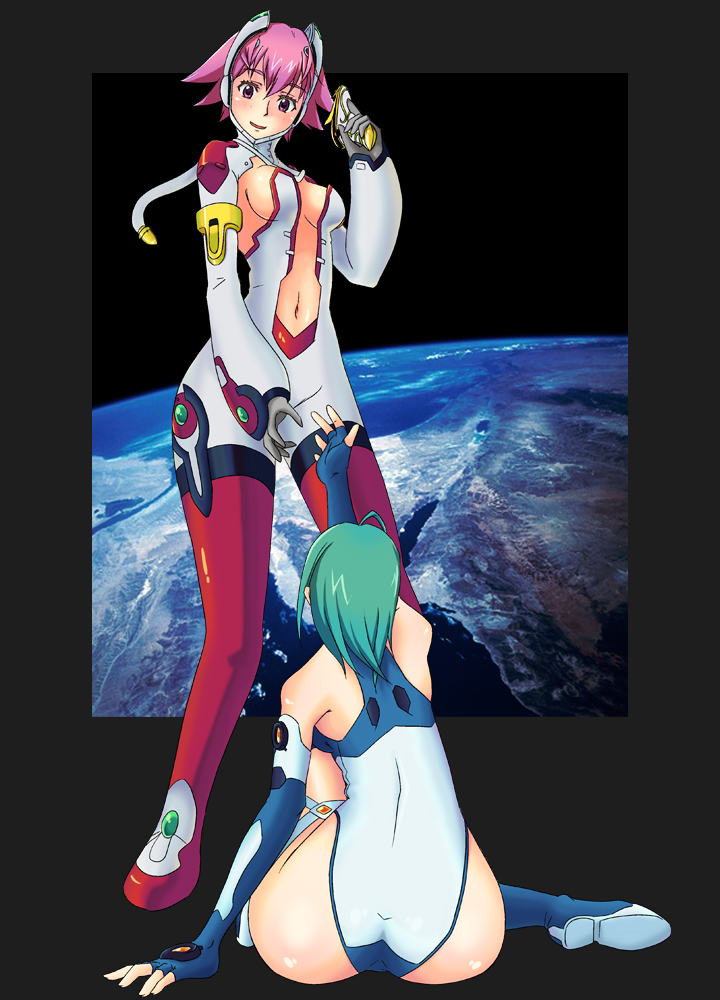 elk115, kannagi itsuki, shishidou akiha, sora wo kakeru shoujo, 00s, 2girls, ass, boots, earth (planet), green hair, gun, leotard, multiple girls, pink hair, purple eyes, thighhighs, weapon