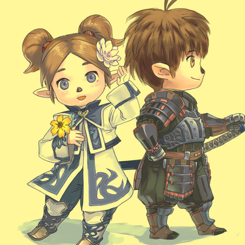yuccoshi, samurai (final fantasy), final fantasy, final fantasy xi, lowres, 00s, 1boy, 1girl, armor, breastplate, flower, hair flower, hair ornament, japanese armor, katana, kote, kusazuri, pants, pants tucked in, pointy ears, samurai, sheath, sheathed, shoulder armor, smile, sode, suneate, sword, tarutaru, weapon, yellow background