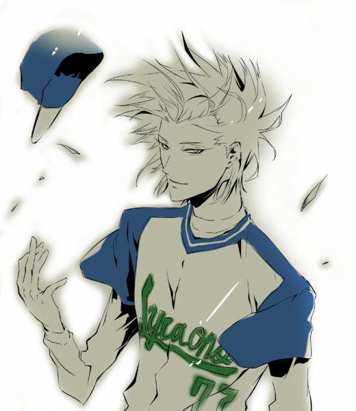 tokuchi toua, one outs, 1boy, baseball cap, blonde hair, hat, male focus, red eyes, shirt, short sleeves, simple background, solo, t-shirt, upper body, white background, wind