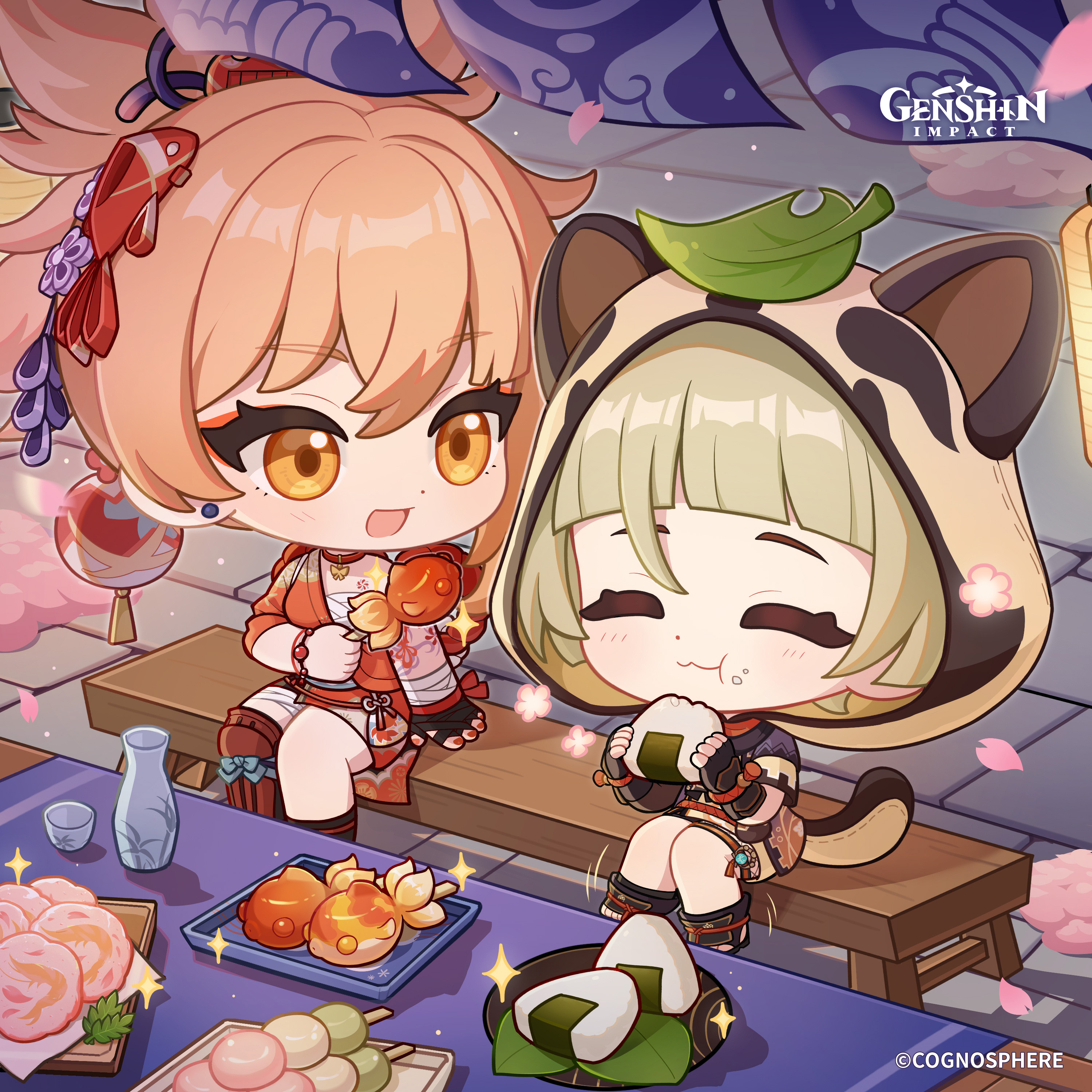 sayu (genshin impact), yoimiya (genshin impact), genshin impact, absurdres, commentary, english commentary, highres, official art, 2girls, animal ear hood, animal ears, arm tattoo, bandaged arm, bandaged leg, bandages, blunt bangs, boots, bracelet, breasts, cherry blossoms, chest sarashi, chest tattoo, chibi, choker, closed eyes, closed mouth, copyright name, dango, dot nose, eating, fake animal ears, fake tail, falling petals, fingerless gloves, food, food on face, gloves, hair ornament, hands up, holding, holding food, hood, hood up, japanese clothes, jewelry, leaf, leaf on head, looking at another, makeup, motion lines, multiple girls, nail polish, on bench, onigiri, open-toe boots, orange eyes, petals, red choker, sarashi, sitting, smile, tail, tassel, tattoo, tile floor, tiles, vision (genshin impact), wagashi
