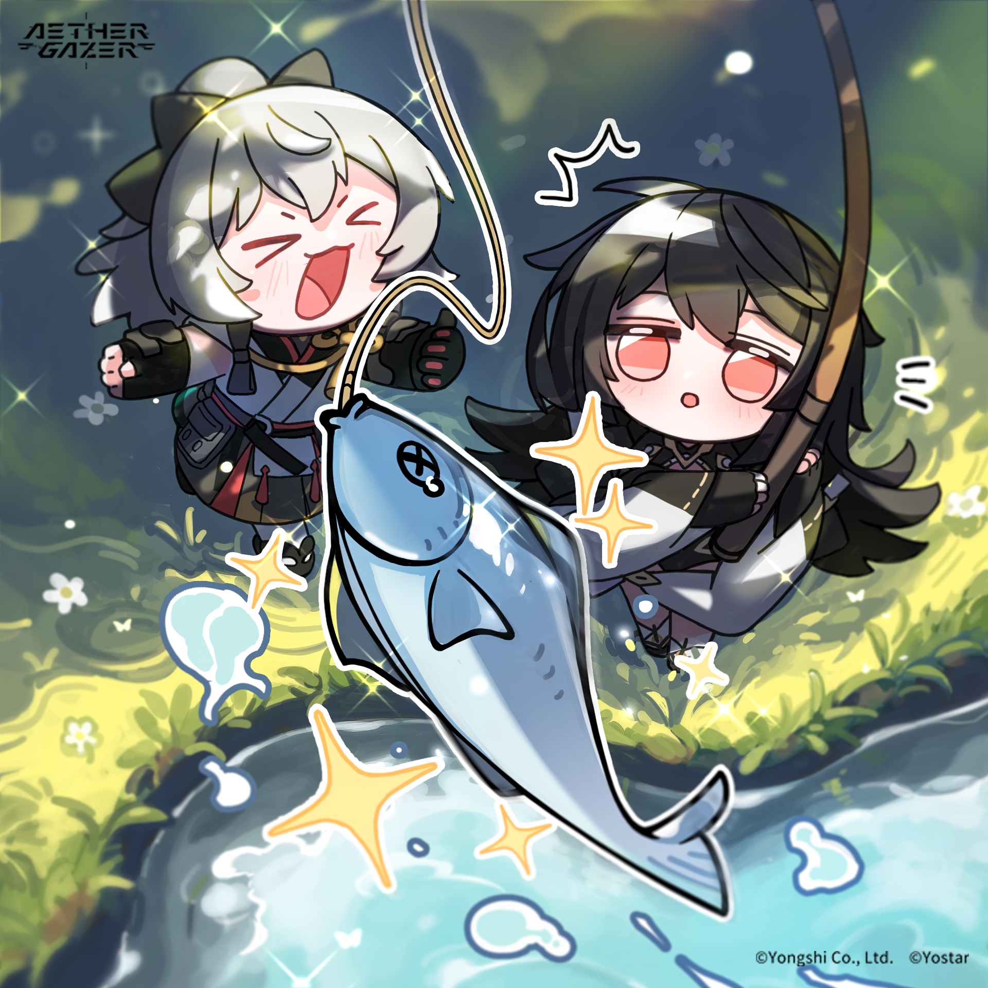 izanami (aether gazer), kagutsuchi (aether gazer), aether gazer, artist request, highres, official art, second-party source, > <, 1boy, 1girl, black gloves, black hair, copyright name, copyright notice, fingerless gloves, fish, fishing, fishing rod, flower, gloves, grass, grey hair, holding, holding fishing rod, long hair, open mouth, red eyes, sparkle, white flower