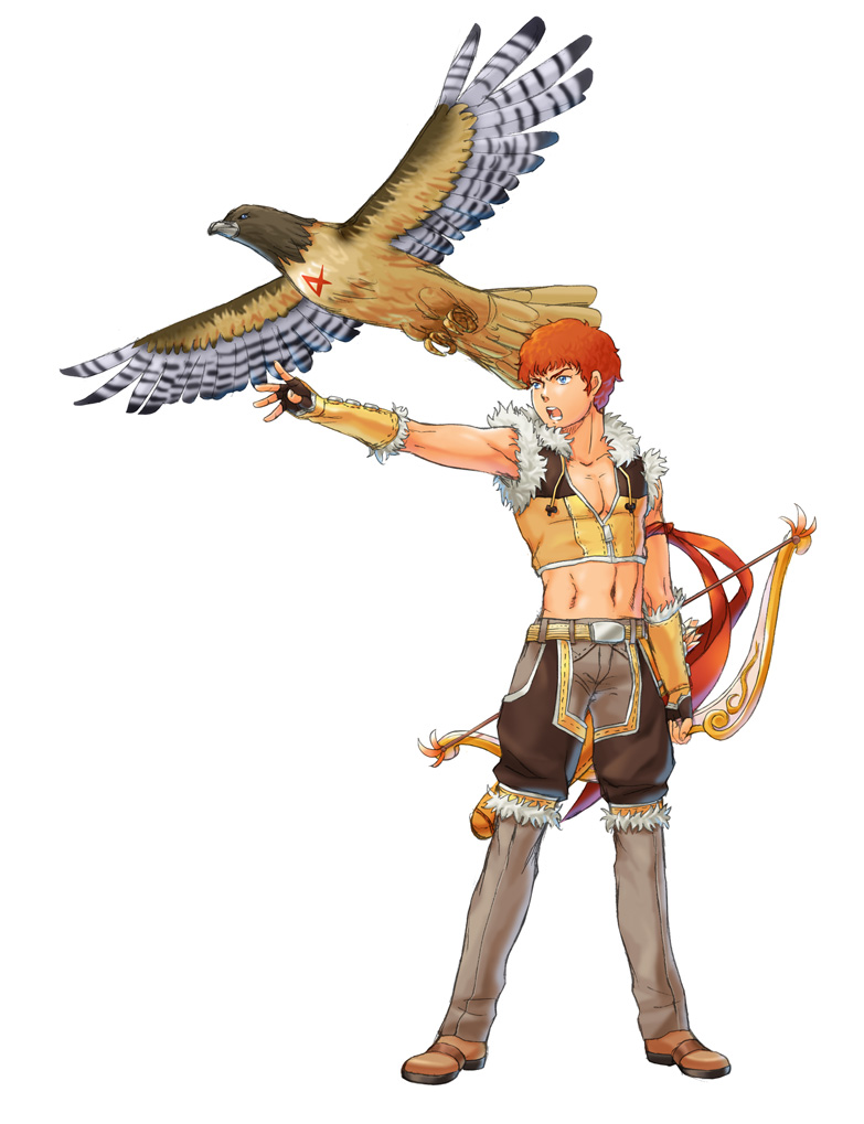 kakyoi, amuro ray, sniper (ragnarok online), gundam, mobile suit gundam, ragnarok online, commentary request, 1boy, bird, blue eyes, bow (weapon), brown gloves, brown shirt, brown shoes, brown shorts, cosplay, crop top, fingerless gloves, full body, fur-trimmed gloves, fur-trimmed shirt, fur-trimmed shorts, fur trim, gloves, grey pants, hawk, holding, holding bow (weapon), holding weapon, looking afar, male focus, midriff, navel, open mouth, orange hair, pants, pants under shorts, shirt, shoes, short hair, shorts, simple background, sleeveless, sleeveless shirt, sniper (ragnarok online) (cosplay), solo, two-tone gloves, two-tone shirt, weapon, white background, yellow gloves, yellow shirt