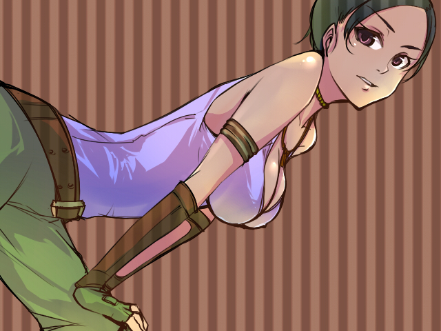 mune, muneyuki, sheva alomar, capcom, resident evil, resident evil 5, 1girl, bent over, breasts, brown eyes, cleavage, dark-skinned female, dark skin, female focus, fingerless gloves, gloves, green hair, large breasts, short hair, solo