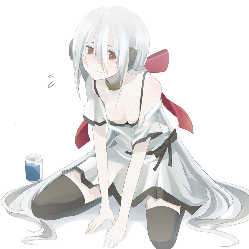 tansuke, yowane haku, vocaloid, silver hair, 1girl, blush, breasts, brown eyes, cleavage, collar, downblouse, dress, female focus, kneeling, long hair, ponytail, red eyes, ribbon, smile, solo, thighhighs, very long hair