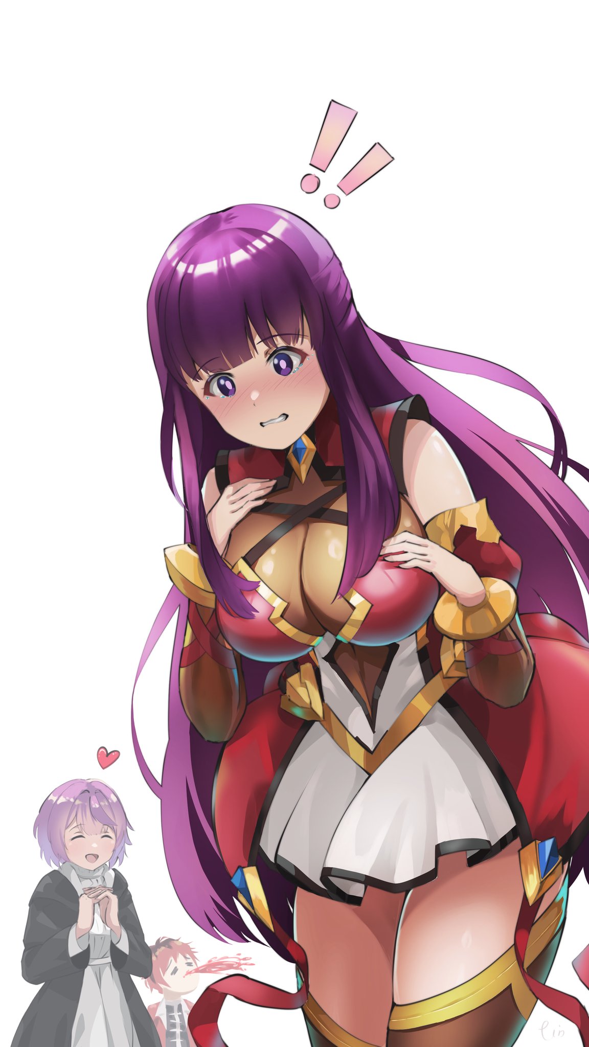 tinkst, fern (sousou no frieren), stark (sousou no frieren), sousou no frieren, character request, copyright request, highres, 1boy, 2girls, black hair, blood, blush, breasts, closed eyes, cosplay, heart, interlocked fingers, large breasts, long hair, multicolored hair, multiple girls, nosebleed, open mouth, purple eyes, purple hair, red hair, short hair, teeth, two-tone hair