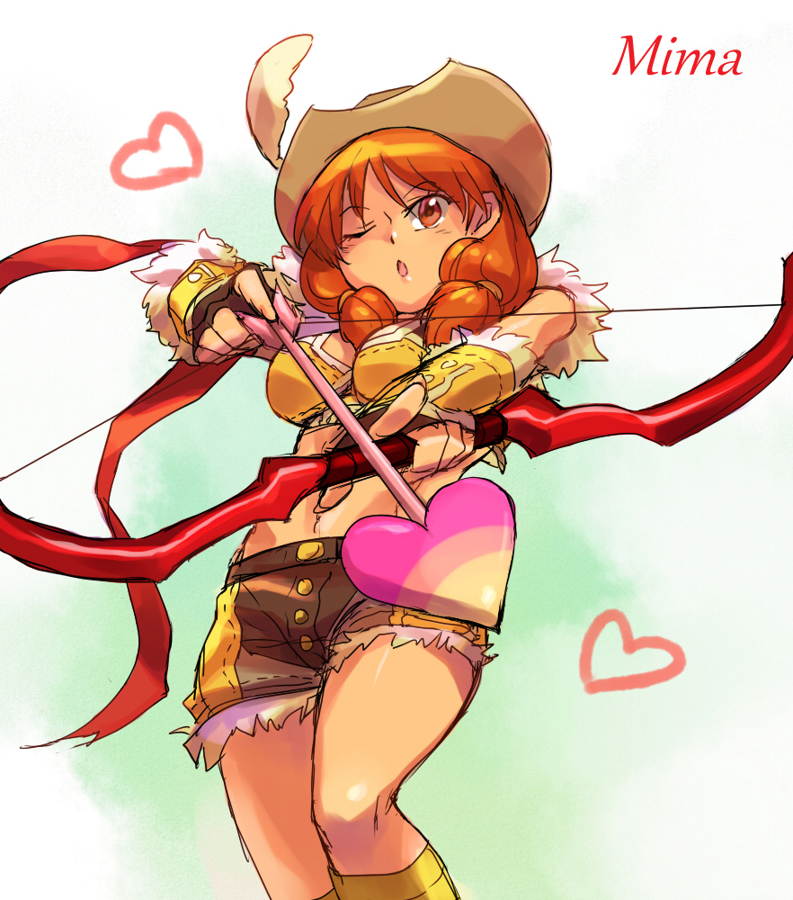 kakyoi, sniper (ragnarok online), ragnarok online, commentary request, 1girl, arrow (projectile), bow (weapon), brown gloves, brown hat, brown shorts, cowboy shot, crop top, fingerless gloves, fur-trimmed gloves, fur-trimmed shirt, fur-trimmed shorts, fur trim, gloves, hat, holding, holding bow (weapon), holding weapon, long hair, looking at viewer, midriff, navel, one eye closed, open mouth, orange eyes, orange hair, plume, shirt, shorts, sleeveless, sleeveless shirt, solo, two-tone gloves, two-tone shorts, weapon, yellow gloves, yellow shirt, yellow shorts