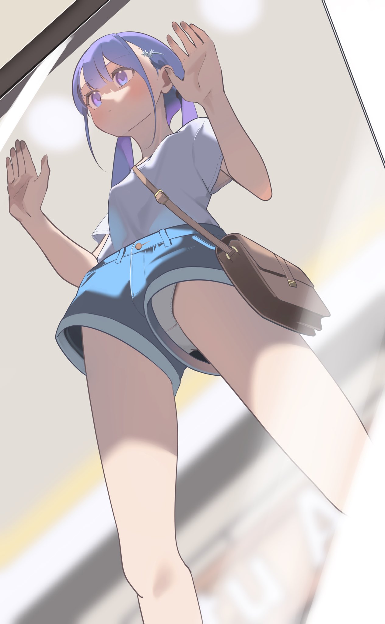 pei iriya, hayakawa sena (pei iriya), original, highres, 1girl, blue shorts, blush, breasts, ceiling, covering with clothes, from below, hair ornament, long hair, panties, pantyshot, petite, purple eyes, purple hair, shirt, shorts, small breasts, solo, standing, t-shirt, twintails, underwear, upshorts, upskirt, white shirt