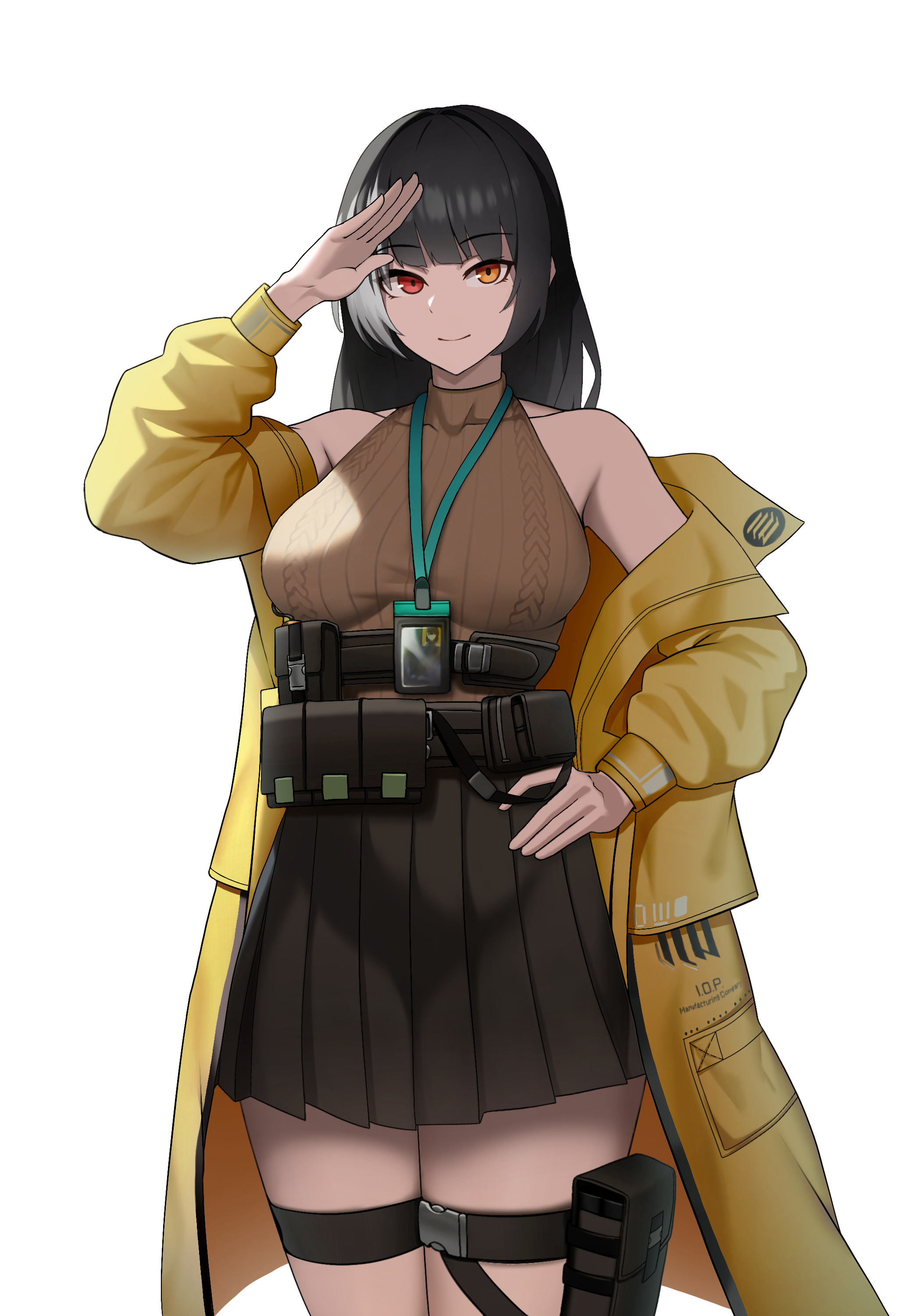 cero (last2stage), ro635 (girls' frontline), ro635 (mod3) (girls' frontline), girls' frontline, absurdres, highres, 1girl, black hair, black skirt, breasts, cowboy shot, heterochromia, holster, id card, jacket, large breasts, long hair, looking at viewer, multicolored hair, noveske space invader, pleated skirt, red eyes, salute, simple background, skirt, sleeveless, sleeveless sweater, smile, solo, streaked hair, sweater, thigh holster, thigh strap, thighs, weapon, white hair, yellow eyes, yellow jacket