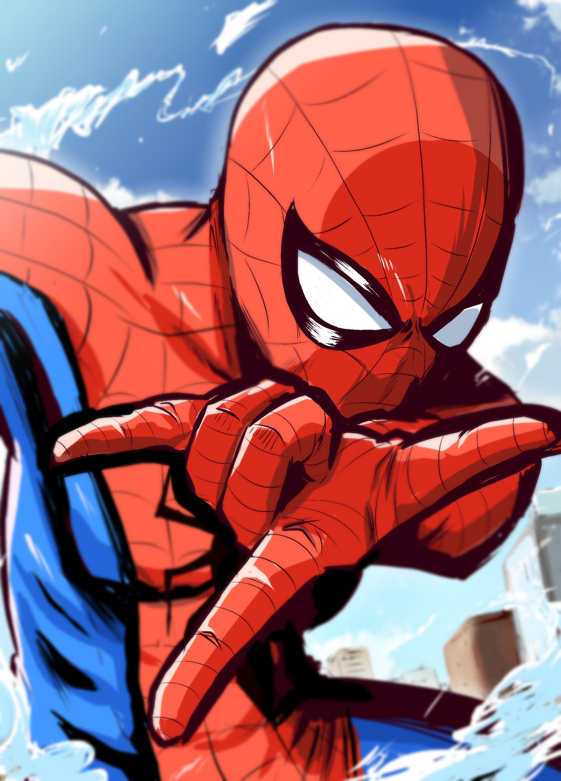 buta obutu, spider-man, marvel, spider-man (series), absurdres, commentary, highres, 1boy, m/, aiming, aiming at viewer, animal print, arm out of frame, arm up, blue bodysuit, blue sky, blurry, bodysuit, building, city, cityscape, cloud, cloudy sky, day, depth of field, looking at viewer, male focus, mask, multicolored bodysuit, new york city, outdoors, outstretched arm, pectorals, print bodysuit, red bodysuit, red mask, skin tight, sky, skyscraper, solo, spider print, spider web print, superhero costume, toned, toned male, two-tone bodysuit, upper body