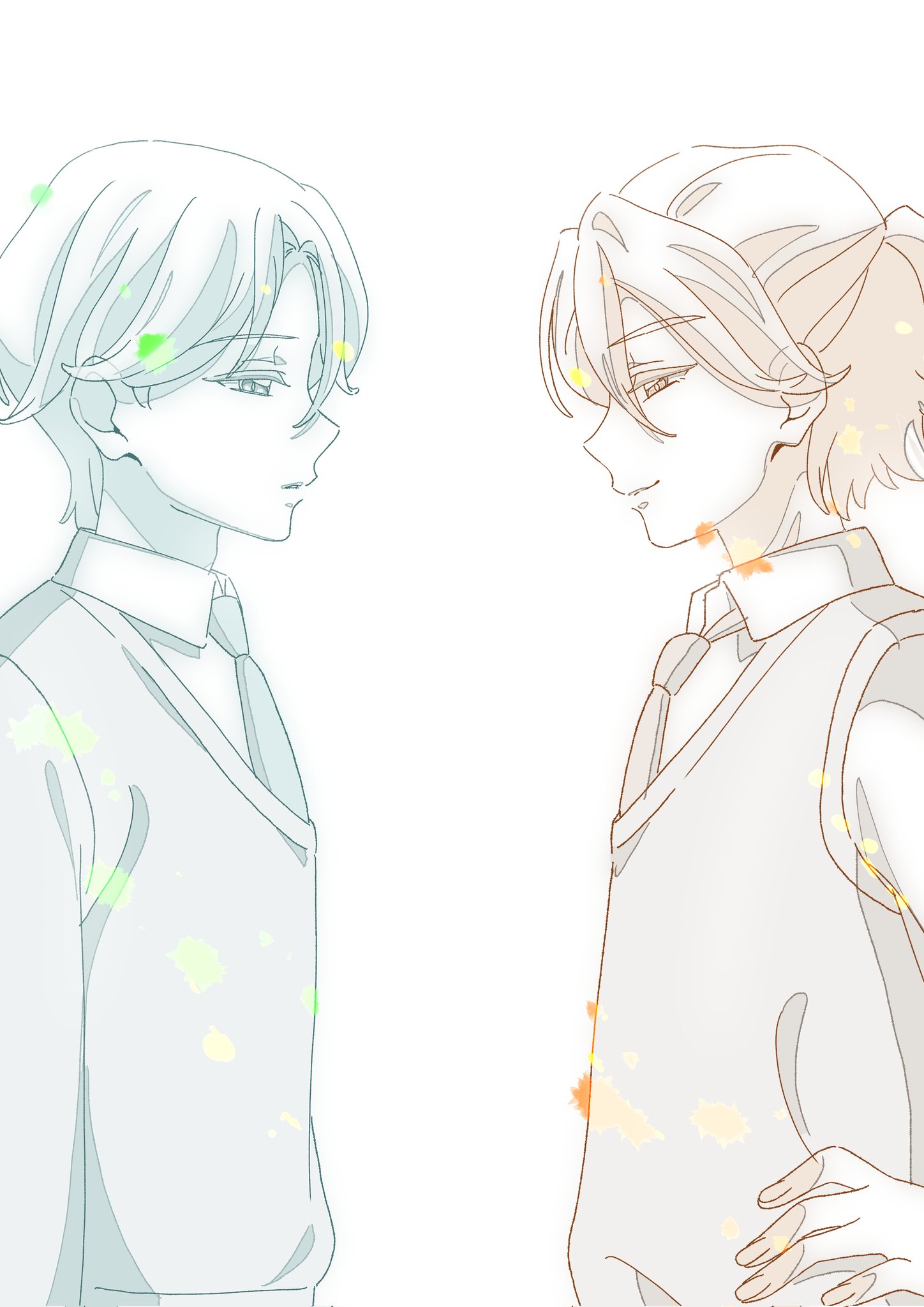 sugimoto miho, hibiki kaito, kimi to idol precure, precure, highres, 2boys, closed mouth, hair between eyes, half updo, hands on own waist, jogi (precure), lineart, long sleeves, looking at another, looking down, multiple boys, necktie, parted bangs, profile, school, school uniform, short hair, sideways glance, standing, upper body, vest, white background