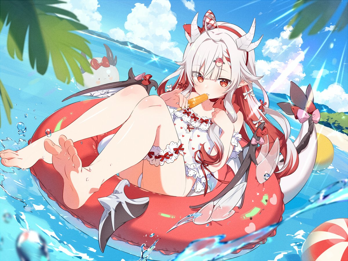 kiya machi, kamuri amuru, indie virtual youtuber, 1girl, barefoot, bikini, bow, cloud, dragon girl, dragon horns, dragon tail, dragon wings, feet, food, hairband, holding, horns, innertube, long hair, looking at viewer, multicolored hair, ocean, outdoors, pointy ears, popsicle, red eyes, red hair, sky, soles, solo, swim ring, swimsuit, tail, toes, virtual youtuber, water, white hair, wings