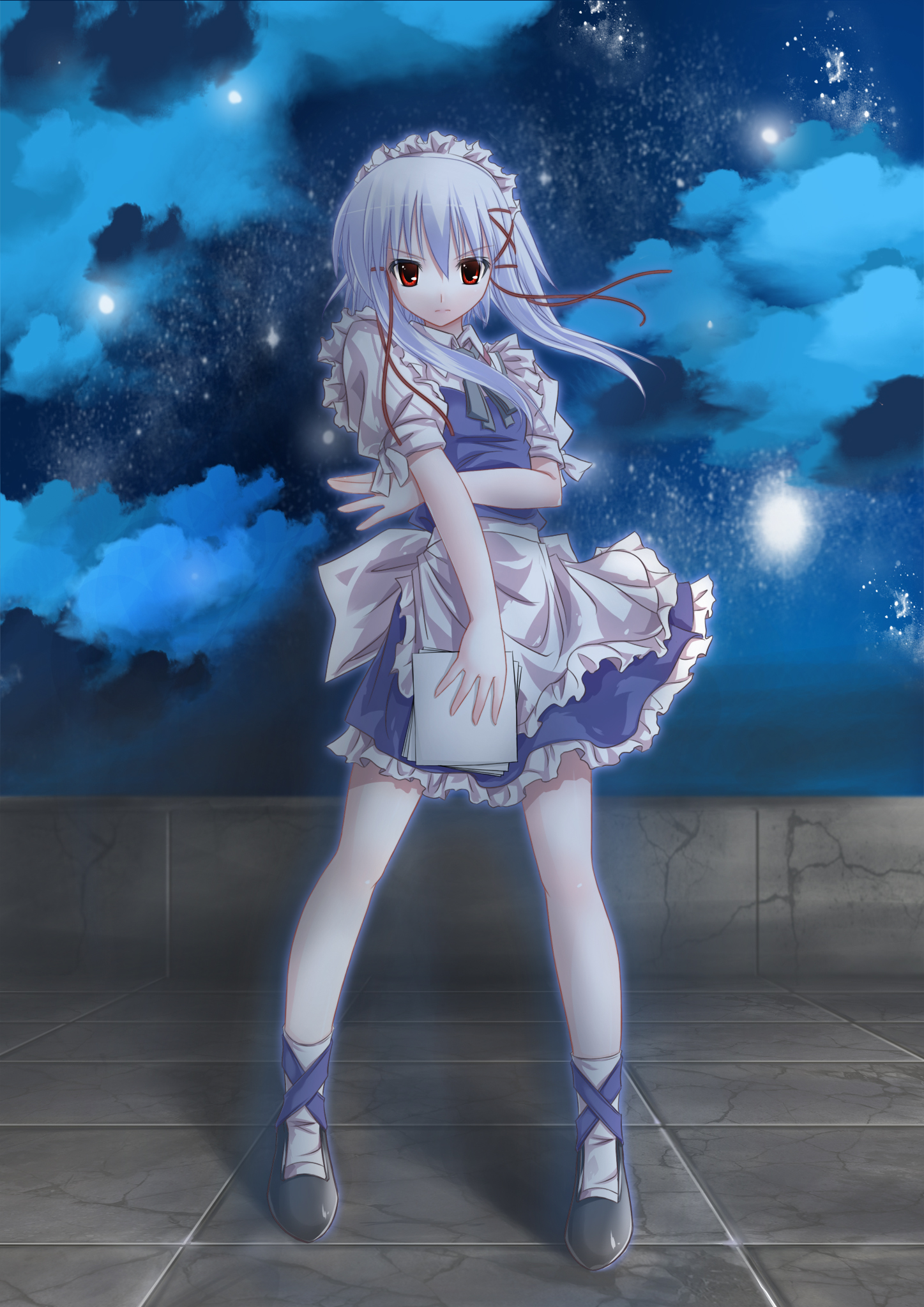 zero saber, zero saber (artist), izayoi sakuya, morimiya aono, sola, touhou, silver hair, highres, 1girl, blue hair, cosplay, female focus, full body, izayoi sakuya (cosplay), legs, maid, night, night sky, outdoors, paper, red eyes, sky, solo