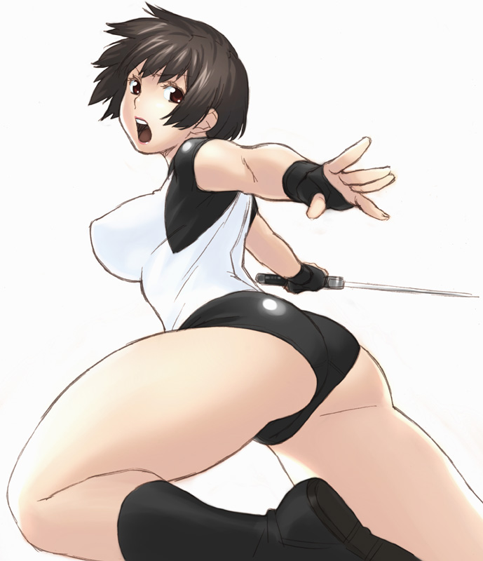 jinroku, ueyama tetsuro, sekigan juu mitsuyoshi, character request, 1girl, ass, black boots, black hair, boots, bow, breasts, female focus, hair bow, holding, holding sword, holding weapon, large breasts, looking at viewer, looking back, short hair, simple background, solo, sword, weapon, white background