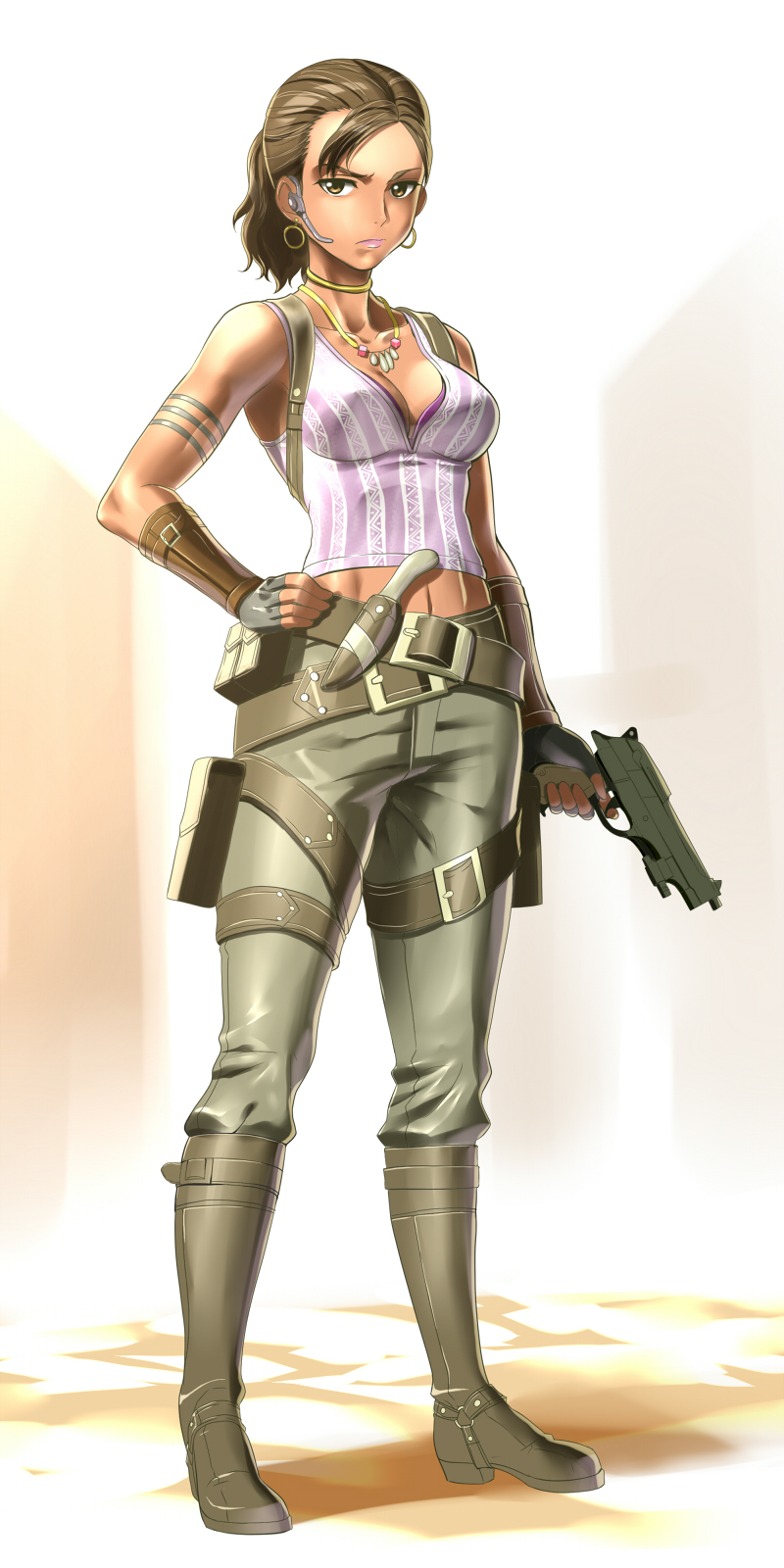 g-tetsu, sheva alomar, capcom, resident evil, resident evil 5, highres, long image, tall image, 1girl, belt, beretta 92, boots, breasts, brown eyes, brown hair, cleavage, dark-skinned female, dark skin, earrings, female focus, fingerless gloves, gloves, gun, hand on own hip, handgun, headset, hip focus, holster, jewelry, knife, left-handed, midriff, navel, necklace, pistol, ponytail, semi-automatic pistol, short hair, solo, thigh strap, weapon