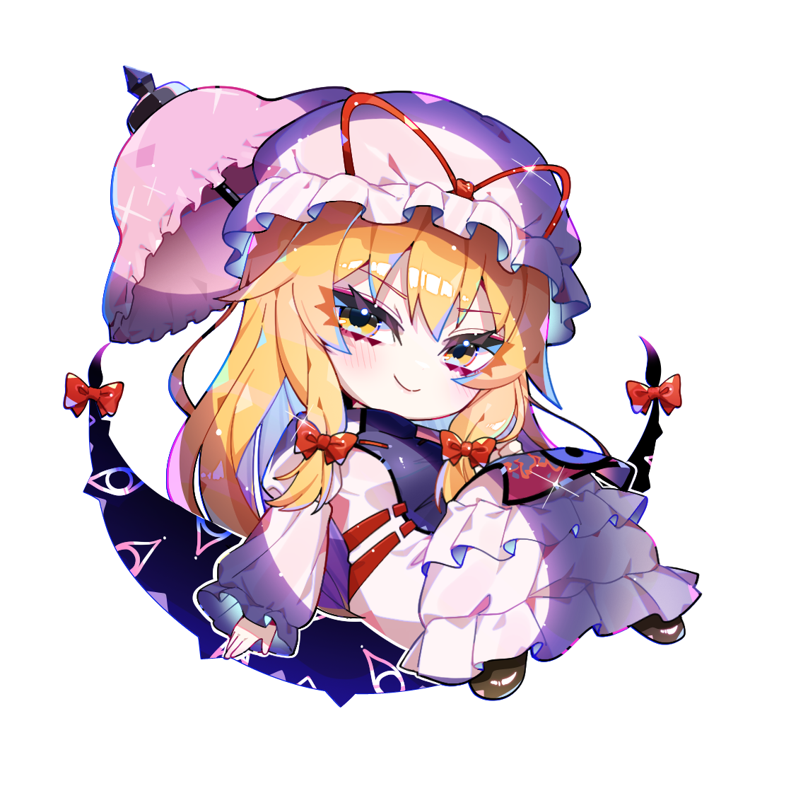 sia 6767, yakumo yukari, touhou, 1girl, black shoes, blonde hair, bow, brown eyes, full body, hair bow, hat, holding, holding umbrella, long hair, long sleeves, looking at viewer, mob cap, parasol, red bow, shoes, simple background, solo, umbrella, white background