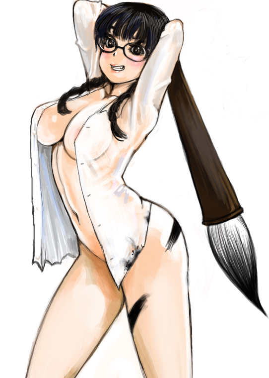 kazaana, original, 1girl, black hair, braid, breasts, female focus, glasses, hair over shoulder, large breasts, paint, solo, twin braids