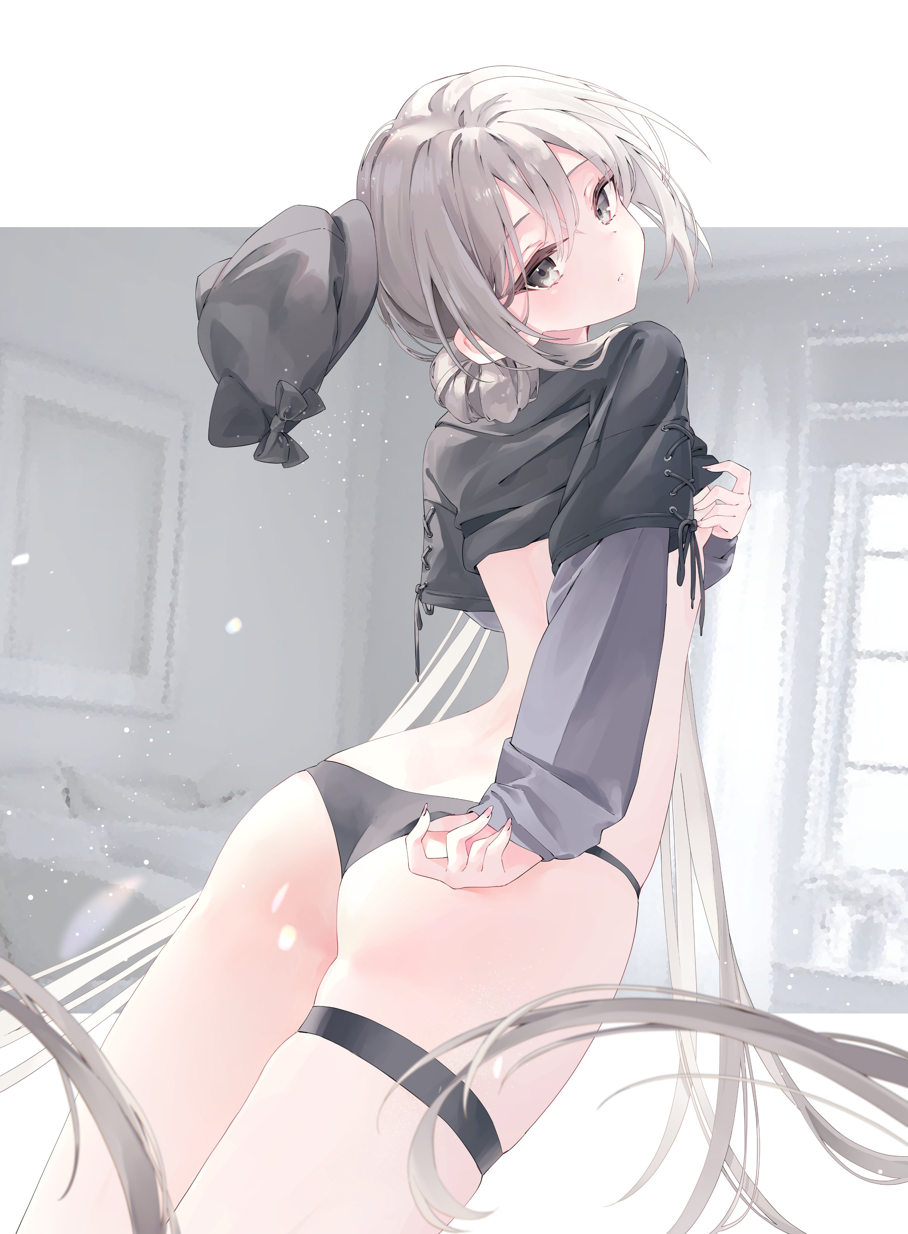 inubouzaki (i nu1515), original, absurdres, highres, 1girl, ass, black panties, black shirt, bow, from behind, grey eyes, grey hair, grey nails, hair bun, hat, hat bow, layered sleeves, long hair, long sleeves, looking at viewer, looking back, nail polish, panties, shirt, short over long sleeves, short sleeves, solo, thigh strap, underwear, very long hair
