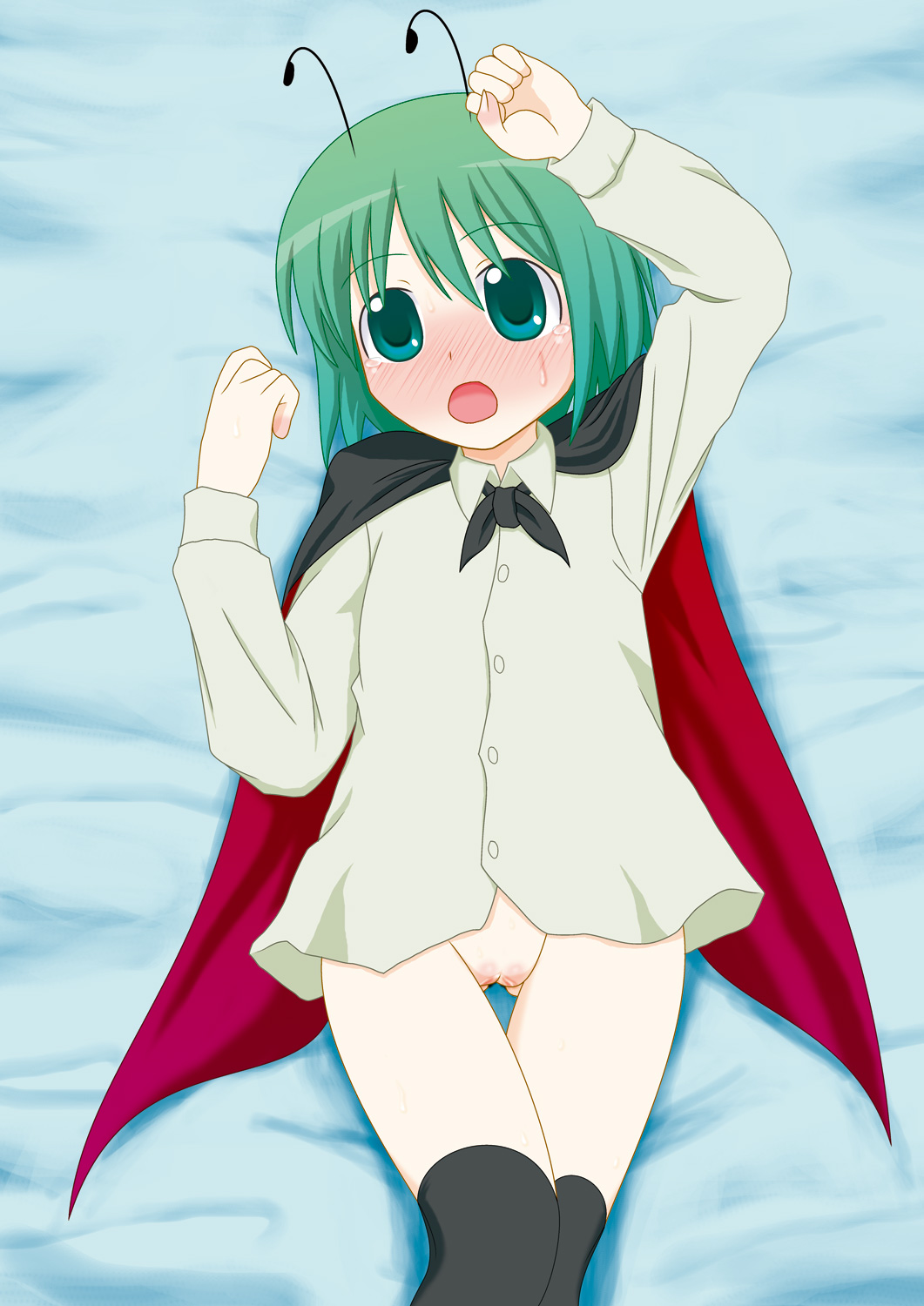 tomorrow, wriggle nightbug, touhou, bad id, bad pixiv id, highres, 1girl, antennae, blush, bottomless, cape, female focus, green eyes, green hair, matching hair/eyes, no panties, pussy, solo, sweat, thighhighs, uncensored