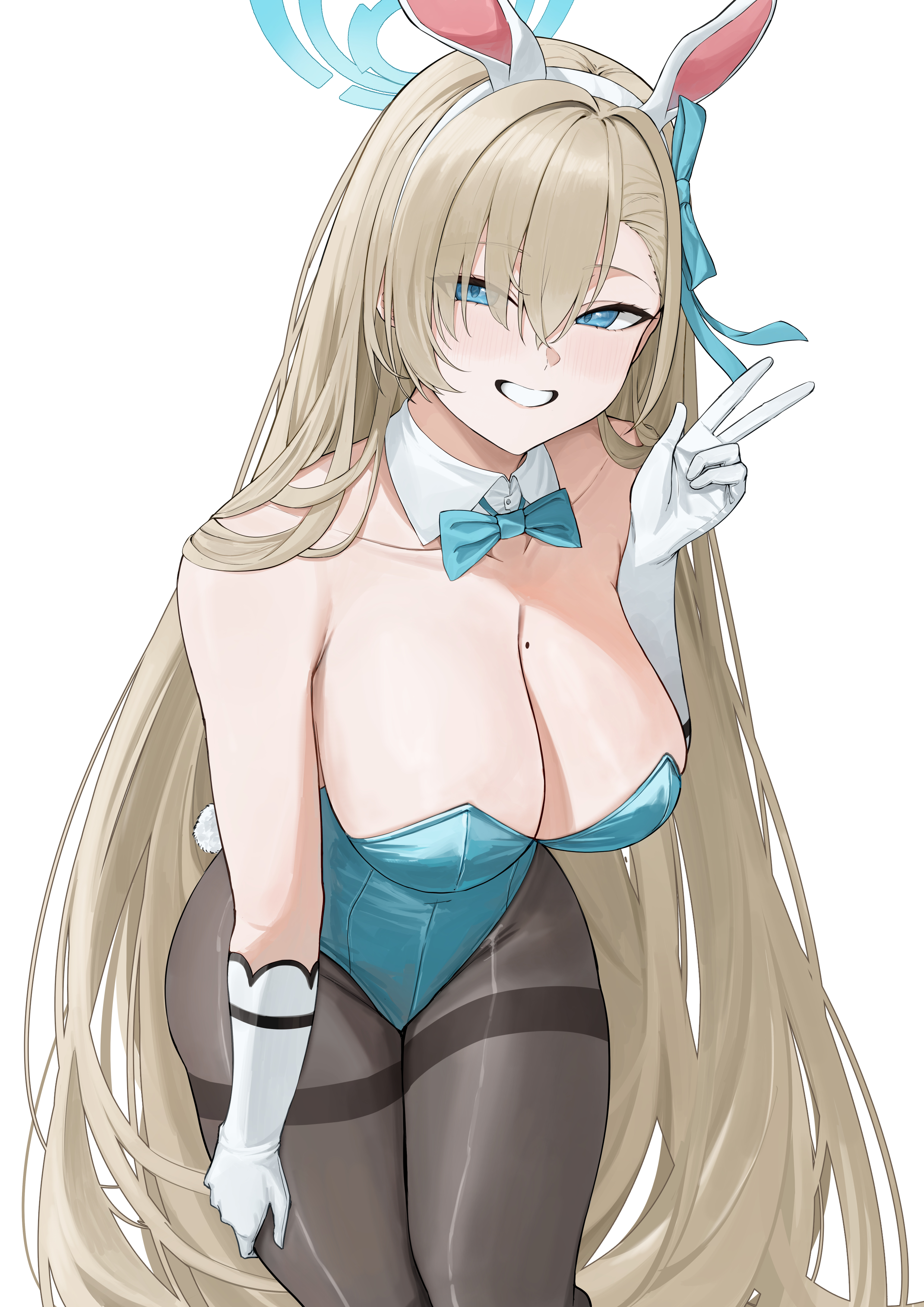 ref (pmxt4483), asuna (blue archive), asuna (bunny) (blue archive), blue archive, absurdres, highres, 1girl, animal ears, bare shoulders, blonde hair, blue eyes, blue leotard, blue ribbon, blush, breasts, brown pantyhose, cleavage, detached collar, elbow gloves, fake animal ears, gloves, grin, hair over one eye, hair ribbon, halo, highleg, highleg leotard, large breasts, leotard, long hair, looking at viewer, pantyhose, playboy bunny, rabbit ears, ribbon, smile, solo, thighband pantyhose, thighs, very long hair, white gloves