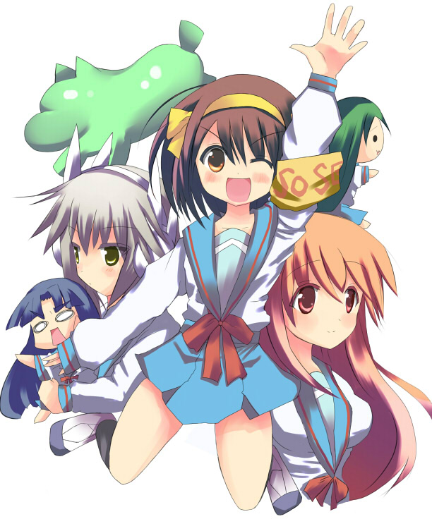 tsunono, achakura, asahina mikuru, asakura ryoko, churuya, kimidori-san, nagato yuki, suzumiya haruhi, suzumiya haruhi-chan no yuuutsu, suzumiya haruhi no yuuutsu, 00s, 4girls, bunny headphones, headphones, multiple girls, one eye closed, school uniform, serafuku, waving, wink