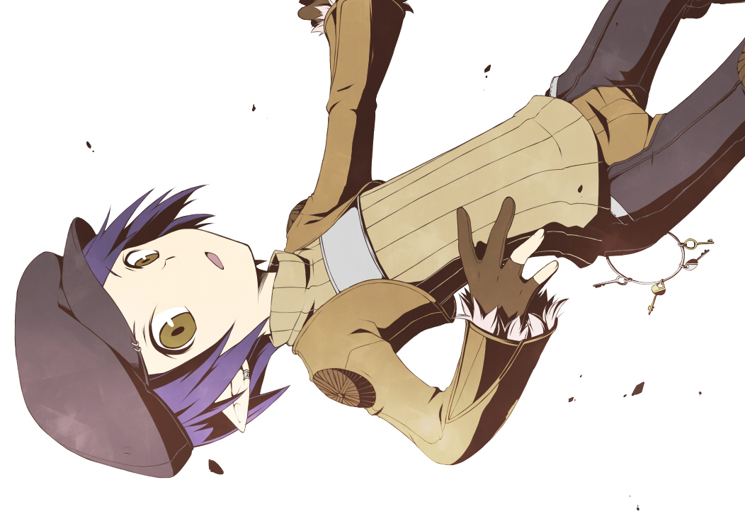 yukimise (hamuhamu), thief (ragnarok online), ragnarok online, commentary request, 1boy, black hat, brown eyes, brown gloves, brown jacket, brown shirt, falling, gloves, hat, jacket, key, keyring, long sleeves, looking at viewer, male focus, newsboy cap, open mouth, partially fingerless gloves, purple hair, shirt, short hair, shrug (clothing), sideways, simple background, solo, upper body, white background