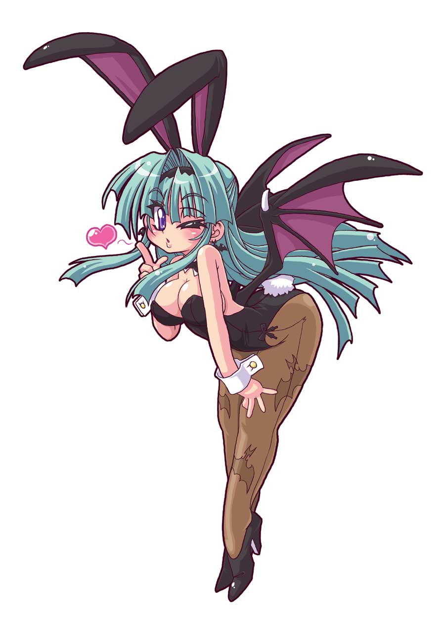 great magami, morrigan aensland, capcom, darkstalkers, highres, 1girl, animal ears, animal print, bat print, bat wings, blowing kiss, fake animal ears, female focus, green hair, head wings, heart, leaning forward, long hair, one eye closed, pantyhose, playboy bunny, print pantyhose, purple eyes, rabbit ears, solo, wings, wink
