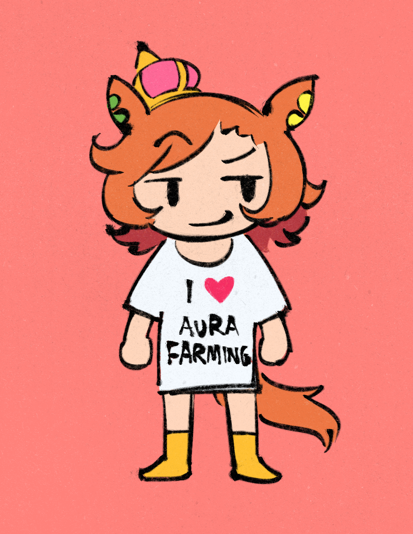 birdblitz, t.m. opera o (umamusume), umamusume, highres, 1girl, animal ears, closed mouth, crown, ear ornament, ear piercing, english text, heart, horse ears, horse girl, horse tail, looking at viewer, orange hair, orange tail, piercing, pink crown, shirt, short hair, short sleeves, simple background, smile, solo, tail, white shirt