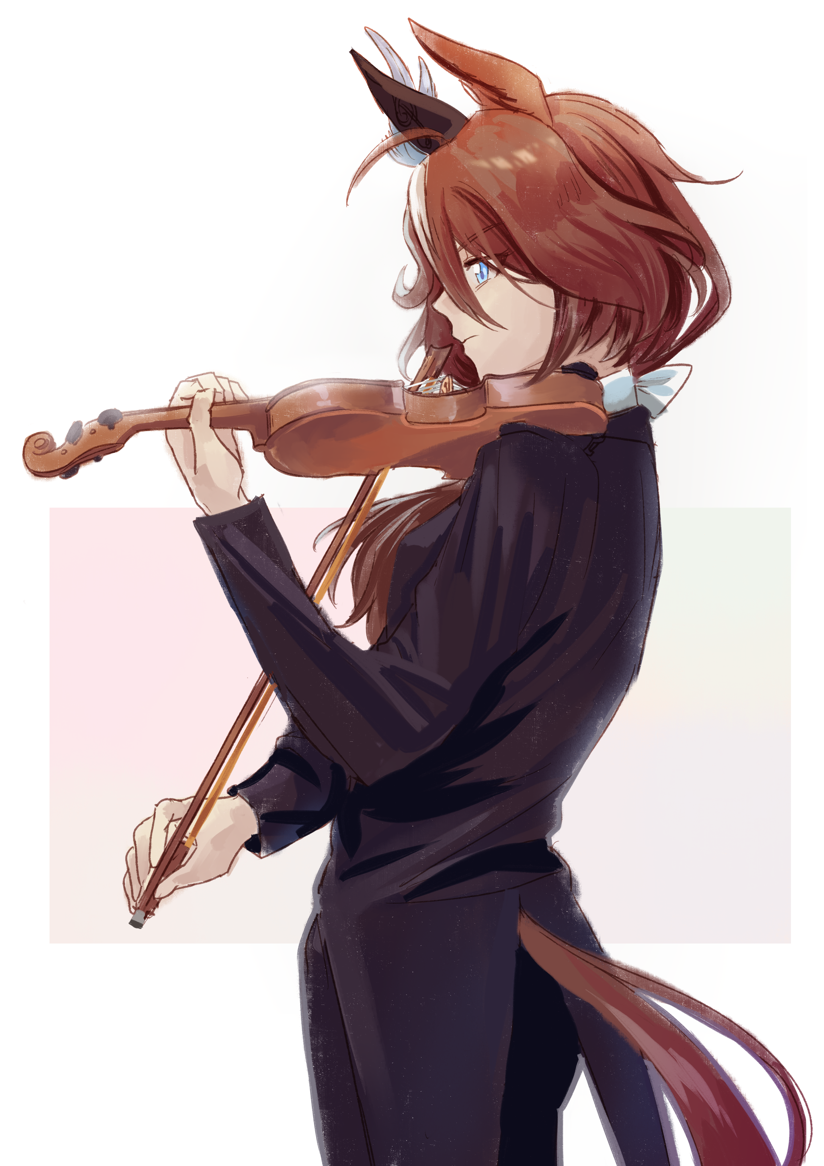 kaulen.f, sounds of earth (umamusume), umamusume, absurdres, highres, animal ears, black jacket, black pants, black suit, blue eyes, bow (music), brown hair, closed mouth, ear covers, ear ornament, formal clothes, from side, hair between eyes, holding, holding bow (music), holding instrument, holding violin, horse ears, horse girl, horse tail, instrument, jacket, long hair, long sleeves, multicolored hair, pants, shirt, single ear cover, streaked hair, suit, tail, violin, white hair, white shirt