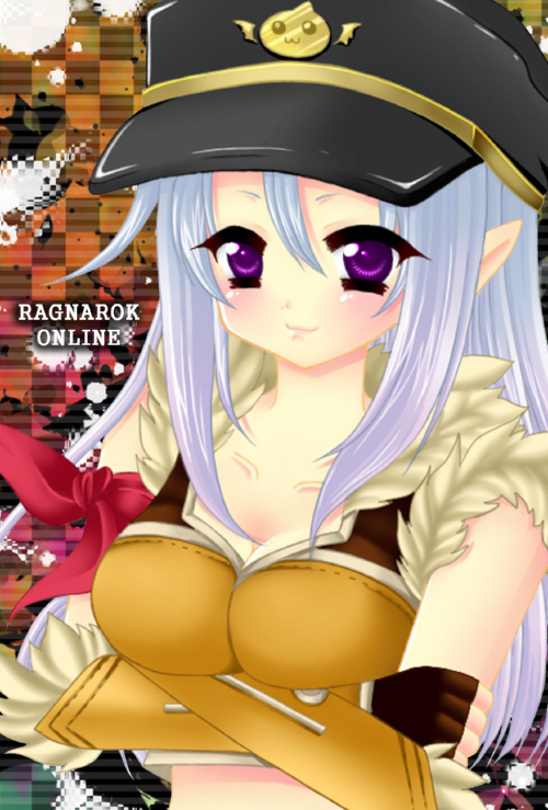toriya ichika, angeling, sniper (ragnarok online), ragnarok online, commentary request, 1girl, 2000s (style), armband, arms under breasts, black hat, blush, breasts, brown background, brown gloves, brown shirt, cleavage, copyright name, fingerless gloves, fur-trimmed gloves, fur-trimmed shirt, fur trim, gloves, grey hair, hat, large breasts, long hair, looking at viewer, peaked cap, pointy ears, purple eyes, shirt, sleeveless, sleeveless shirt, solo, two-tone gloves, two-tone shirt, upper body
