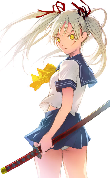 kage yuu, bad id, bad pixiv id, 1girl, female focus, katana, looking back, panties, pantyshot, school uniform, simple background, skirt, solo, sword, twintails, underwear, upskirt, weapon, yellow eyes