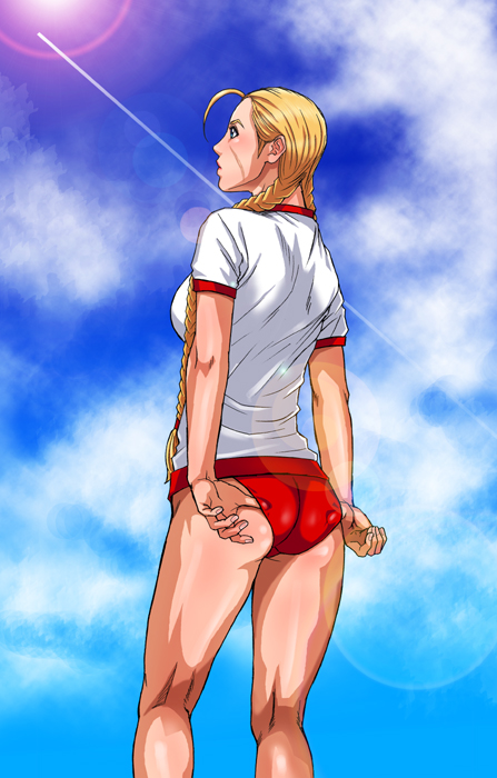 kazuki kotobuki, cammy white, capcom, street fighter, 1girl, adjusting buruma, adjusting clothes, ass, blonde hair, blush, braid, buruma, cloud, day, female focus, gym uniform, long hair, sky, solo, twin braids