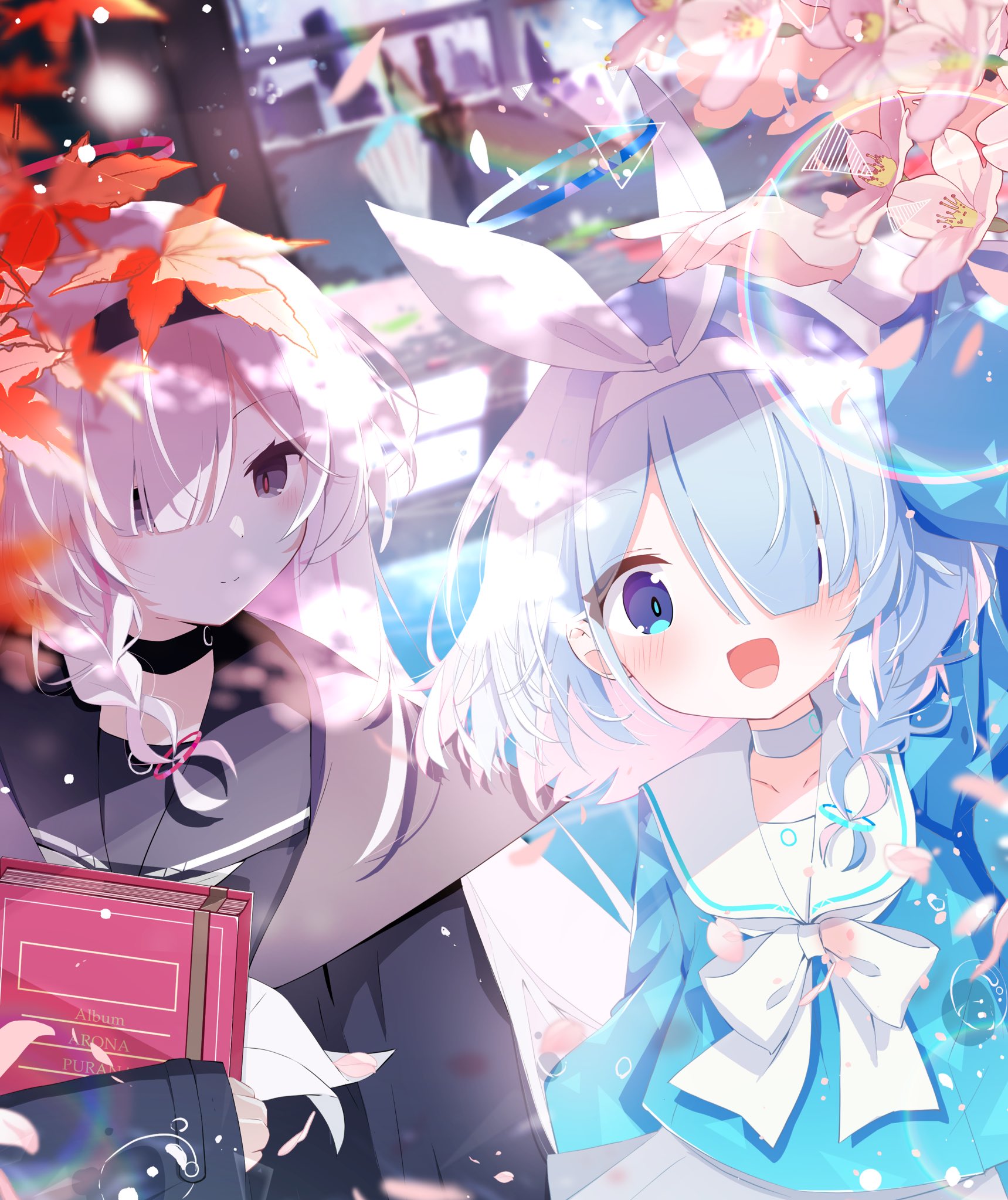 ayahosiyuki, arona (blue archive), plana (blue archive), blue archive, highres, 2girls, black choker, black coat, black eyes, black hairband, black sailor collar, black serafuku, blue eyes, blue hair, blue halo, blush, book, braid, choker, coat, hair over one eye, hairband, halo, holding, holding book, long hair, long sleeves, multicolored hair, multiple girls, open mouth, pink hair, red halo, sailor collar, school uniform, serafuku, smile, white choker, white hair, white sailor collar